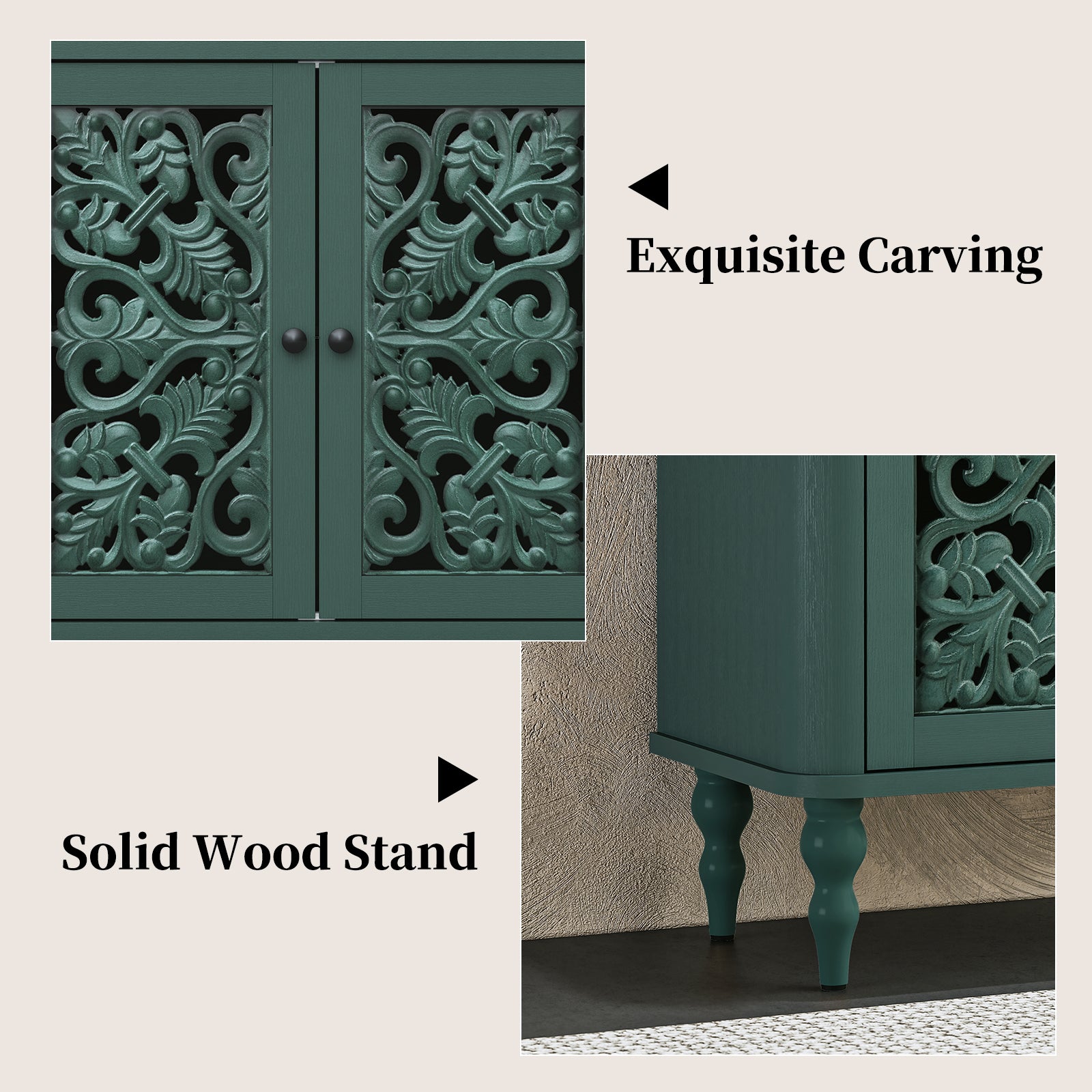 CBJCBJ 31.5" Retro Arc Carved Sideboard Buffet Cabinet, Wooden Credenza Storage for Dining Room, Green