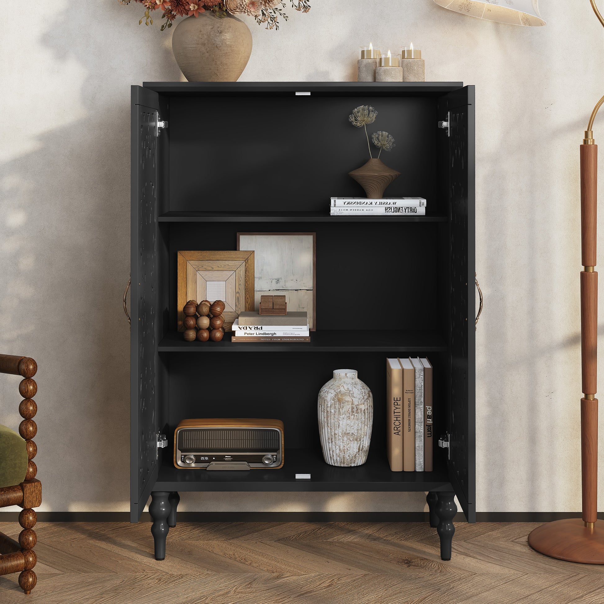 HLR Buffet Cabinet with Storage Accent Sideboard, Modern Hollow 2 Doors Credenza for Dining Room, Black