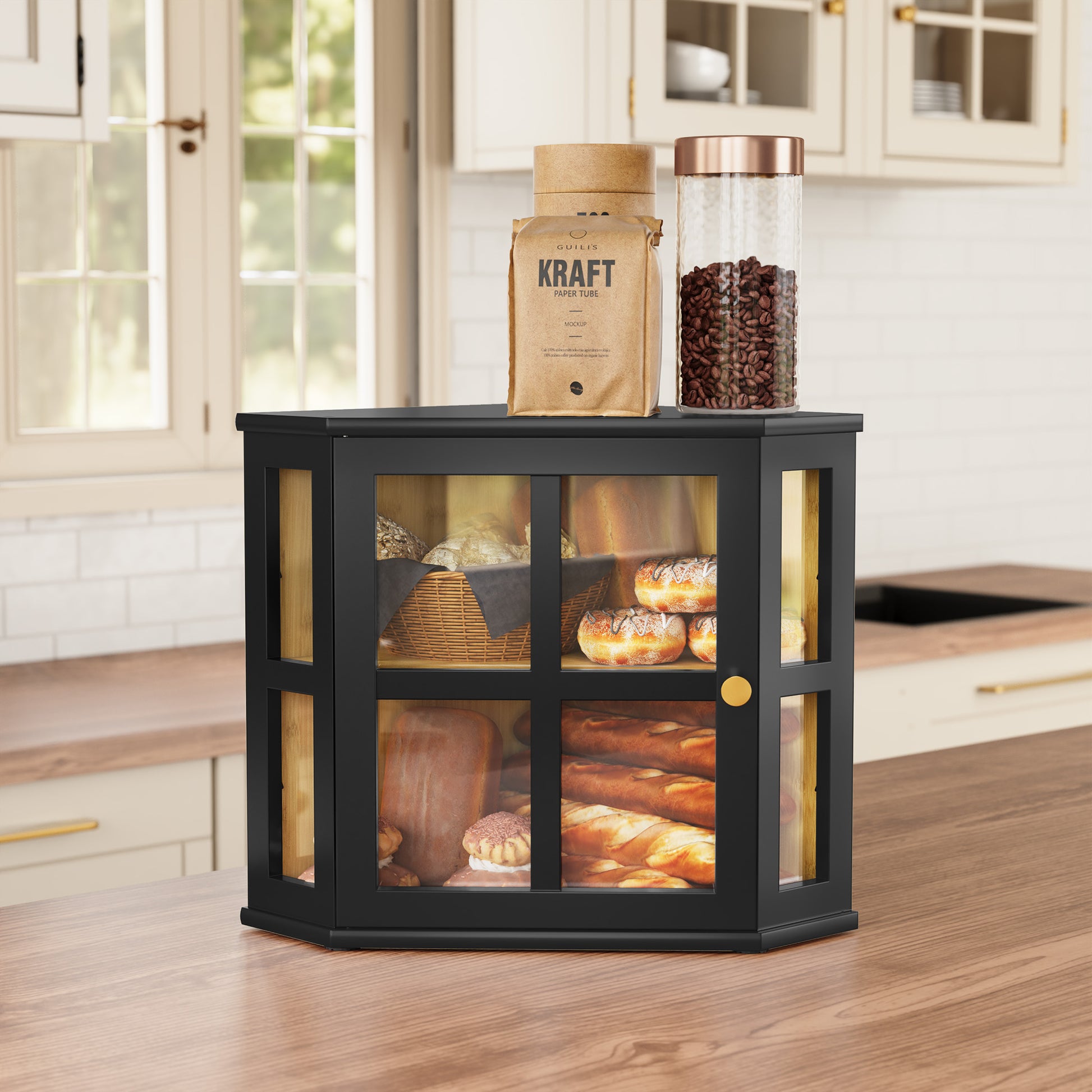 HLR Double Layer Bamboo Bread Box for Kitchen Counter, Large Capacity Bread Storage Bin with Acrylic Door, Black
