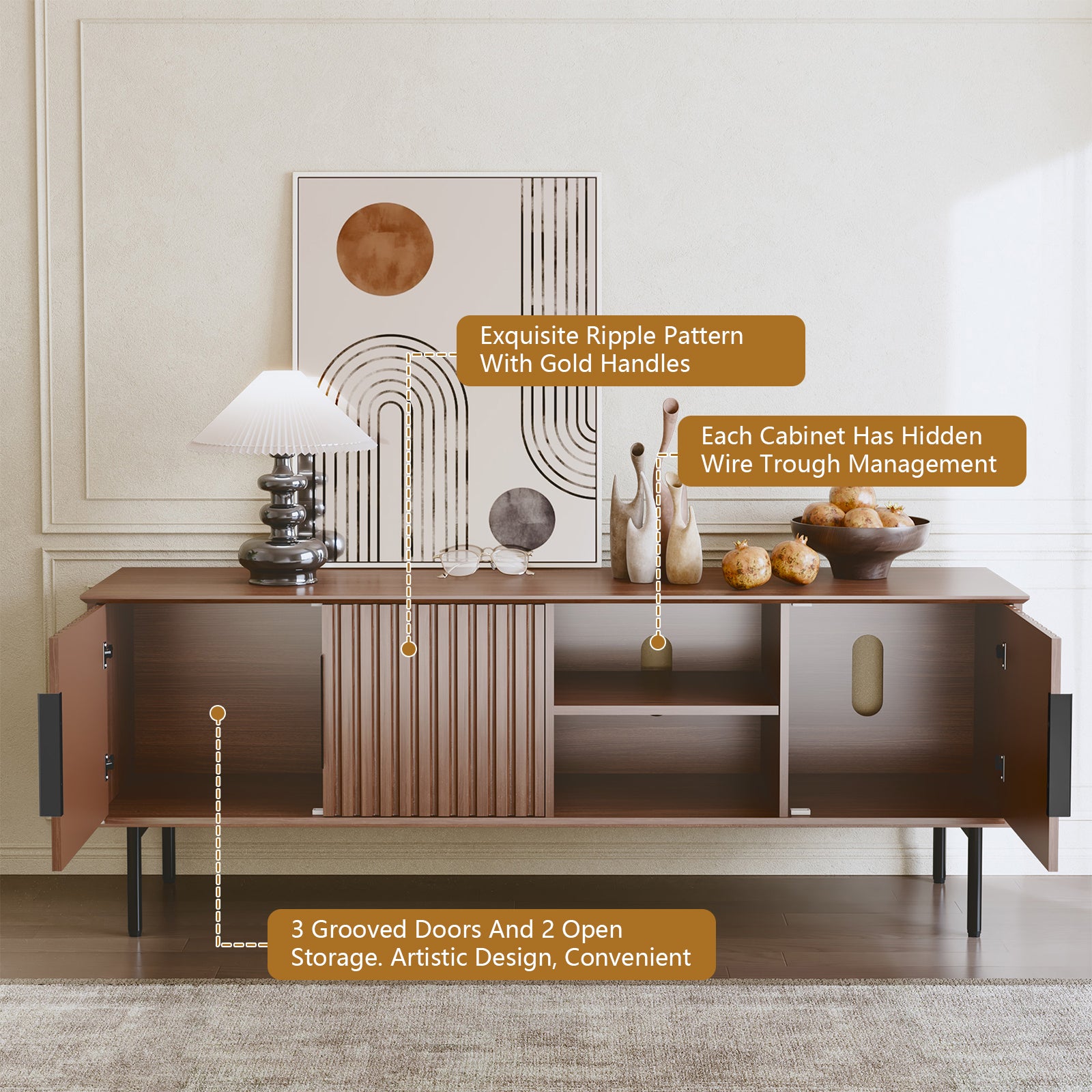 CBJCBJ Modern TV Stand for up to 65", Brown Entertainment Center with Storage, for Living Room