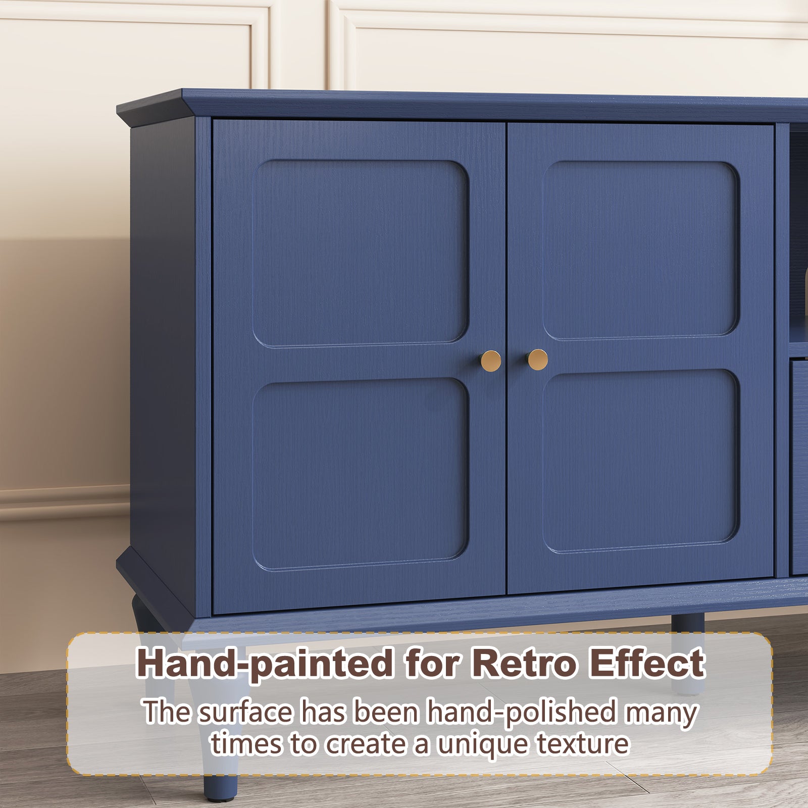 HLR Mid Century 67" TV Stand, for TVs up to 75", Living Room Entertainment Center with 4 Door Storage Cabinet, Navy Blue