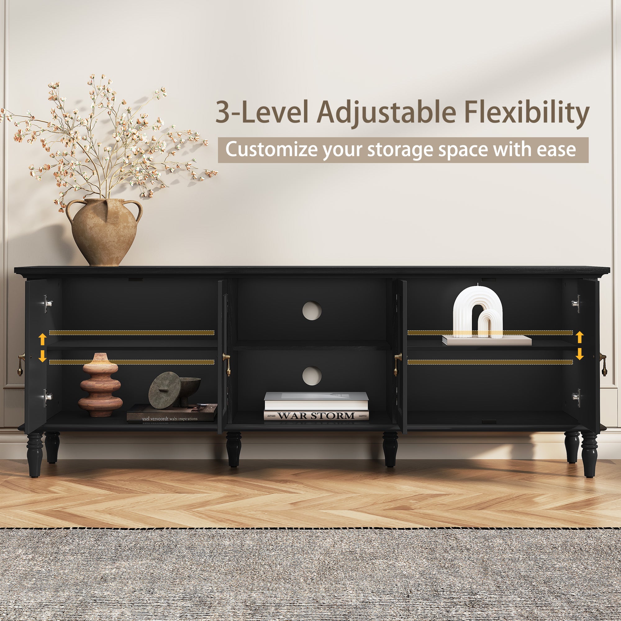HLR 67" TV Stand, for TVs up to 75", Mid-Century Wood Entertainment Center for Living Room, Black