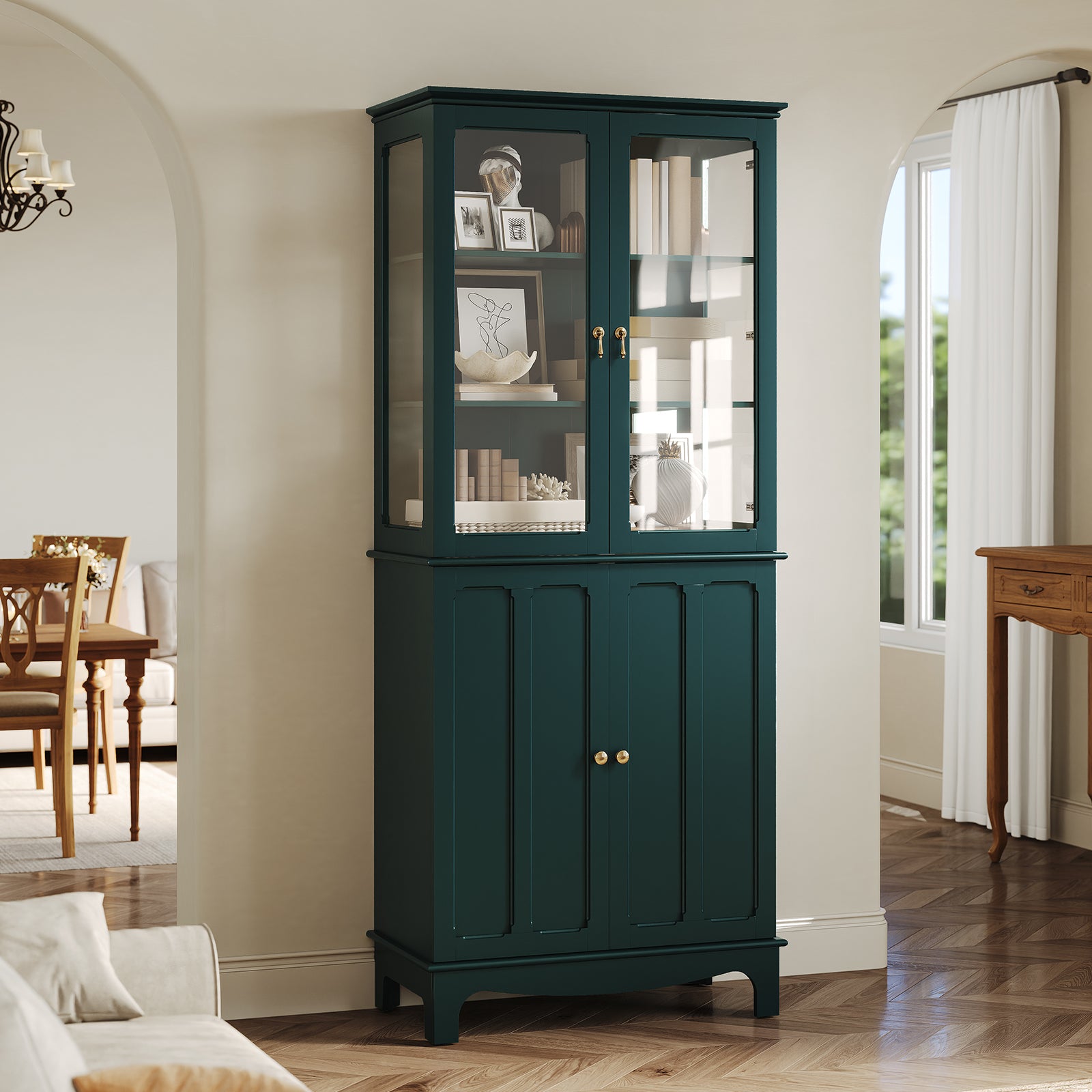CBJCBJ Modern Bookcase with Storage, Display Cabinet with Glass Doors, Storage Cabinet with Adjustable Shelves,Green
