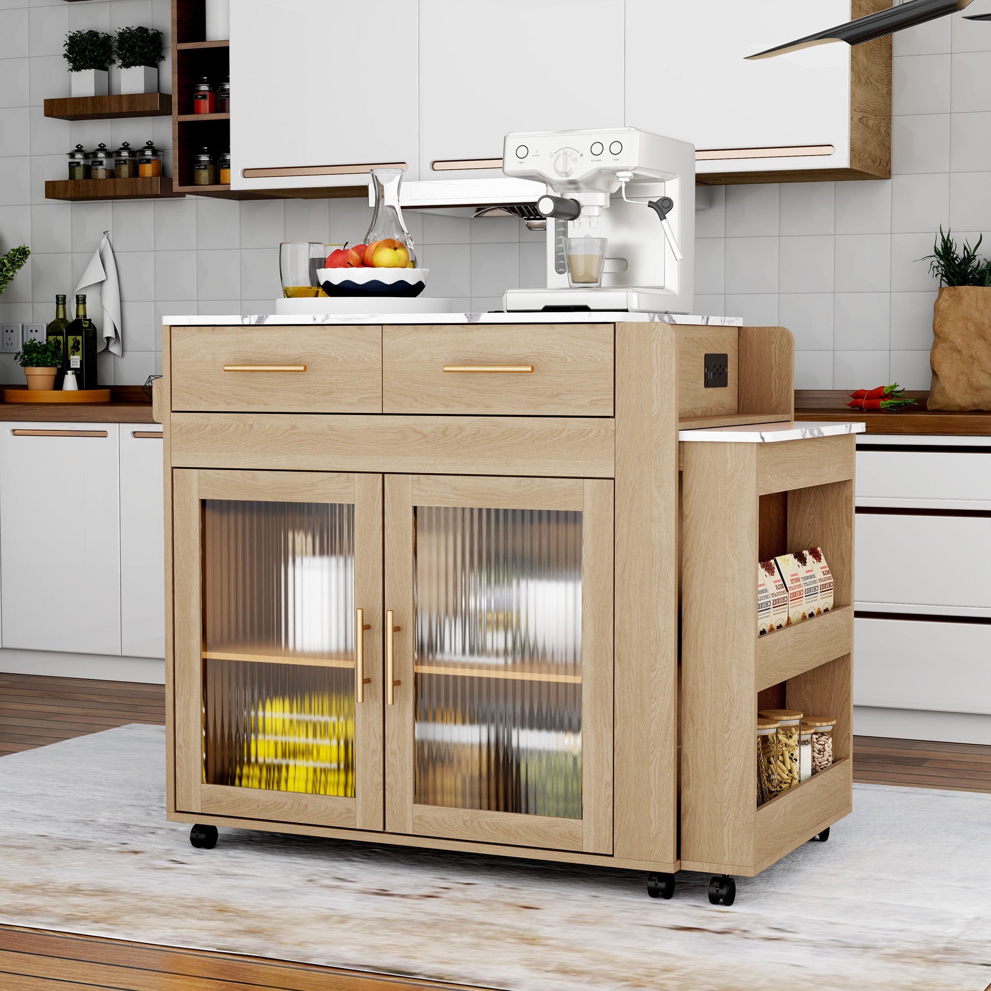 CBJCBJ Kitchen Island with Storage | Expandable Retractable on Wheels 71.65" L | Space-Saving of Island Cart, Beige