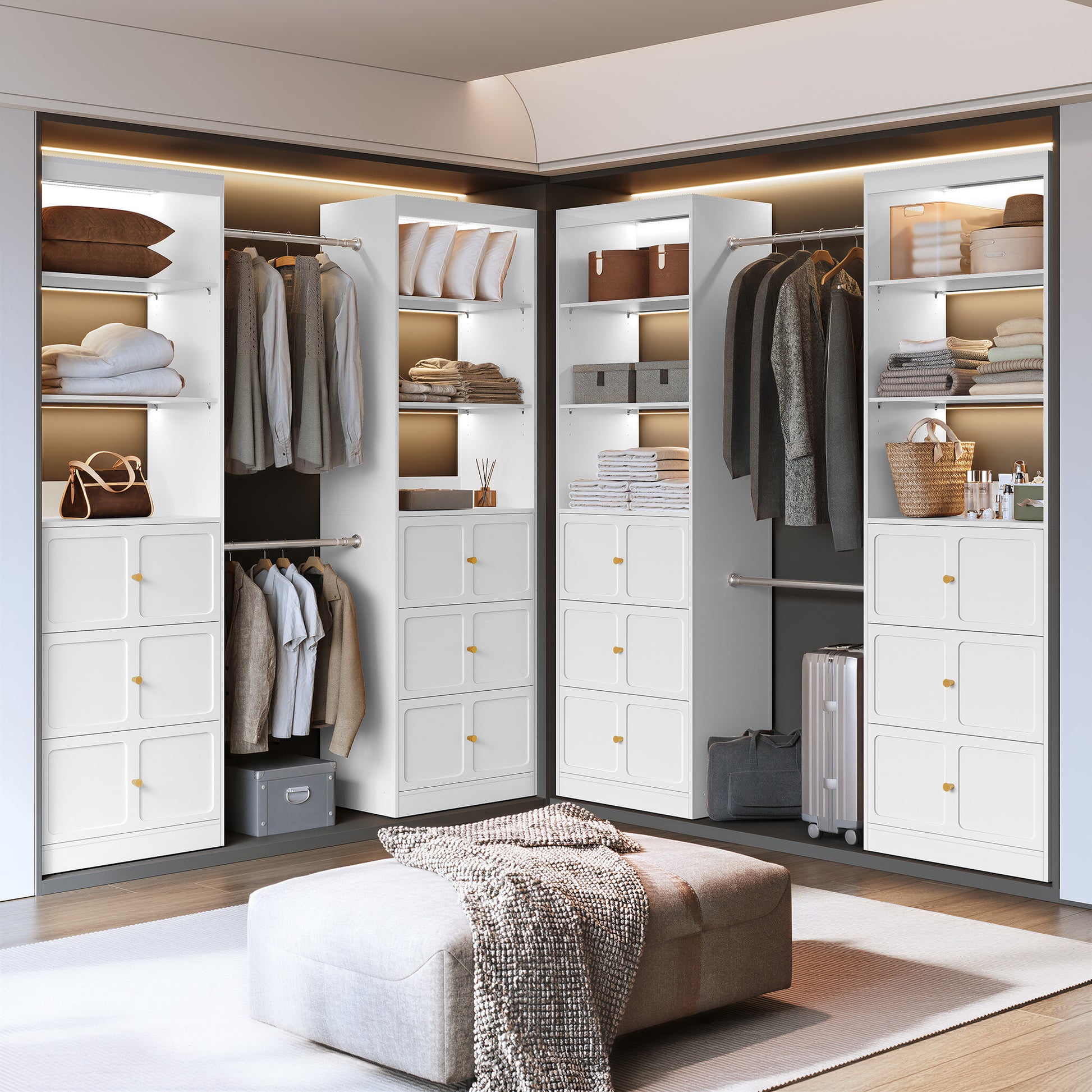 CBJCBJ 80"H Wood Closet Organizer System with 3 Drawers, 4 Hanging Rods, Wardrobe Clothes Rack for Bedroom,White