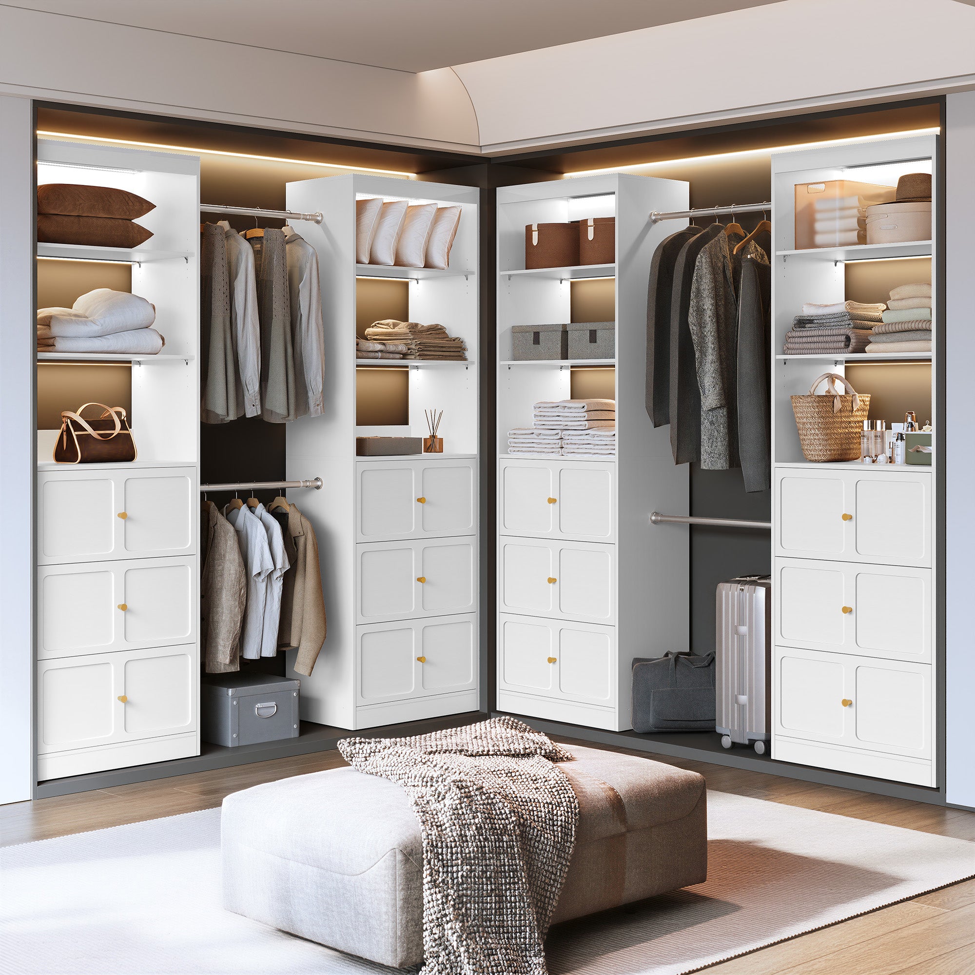 CBJCBJ 80"H Wood Closet Organizer System with 3 Drawers, 4 Hanging Rods, Wardrobe Clothes Rack for Bedroom,White