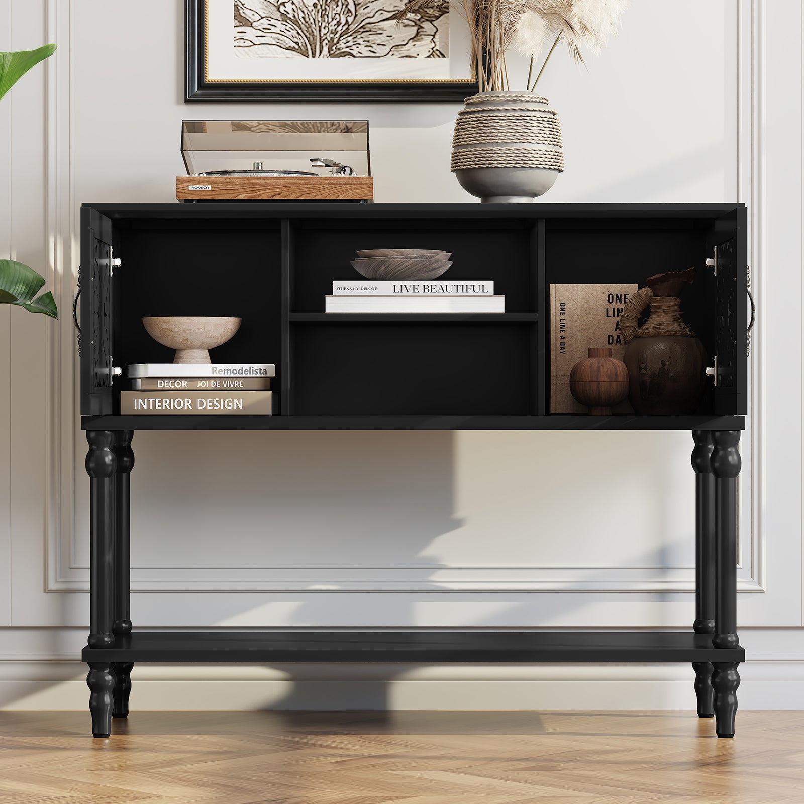 HLR Modern 42" Console Table with Storage, Entryway Table Wood Behind Couch with Shelves for Living Room, Black
