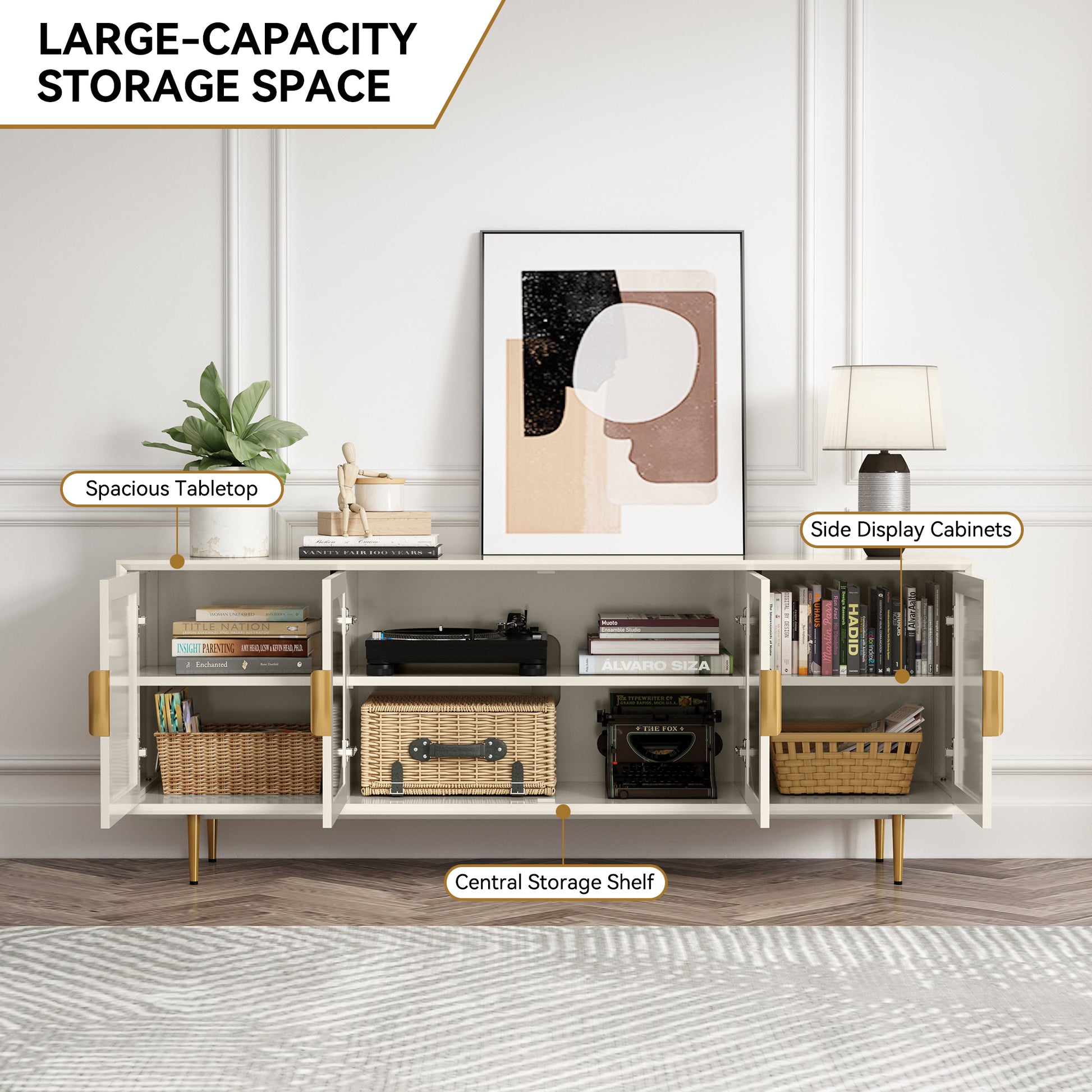 CBJCBJ 66" TV up to 75" Stand for Living Room, Entertainment Center with Glass Storage Cabinet,White