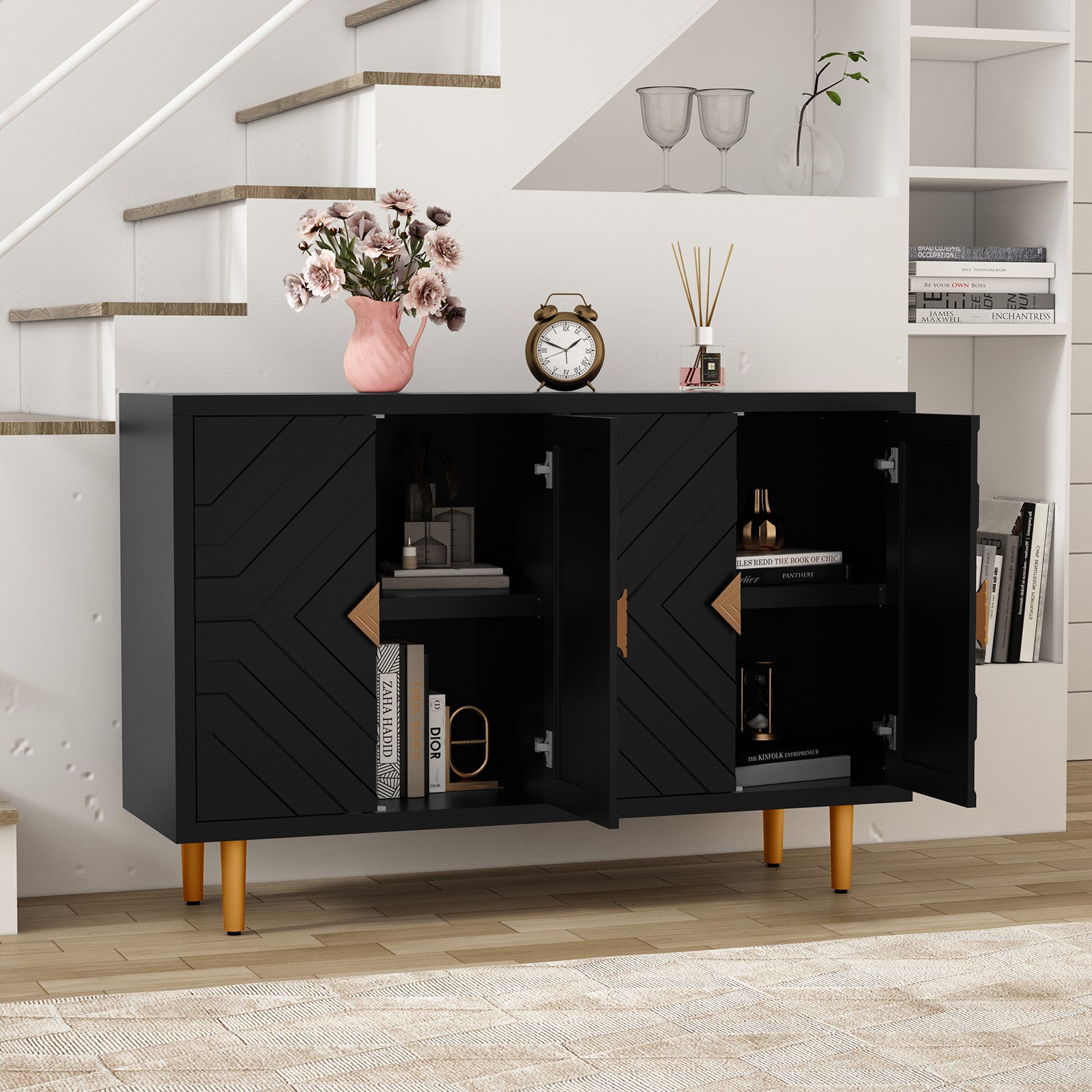 CBJCBJ 48" Modern Accent Sideboard, Buffet Cabinet with 4 Doors & Shelves, Credenza for Living Room Storage,Black