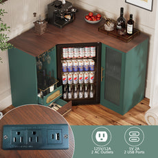 HLR Modern Corner Bar Cabinets with Mini Fridge Space, Wine Glass Rack, Storage Drawers, Green