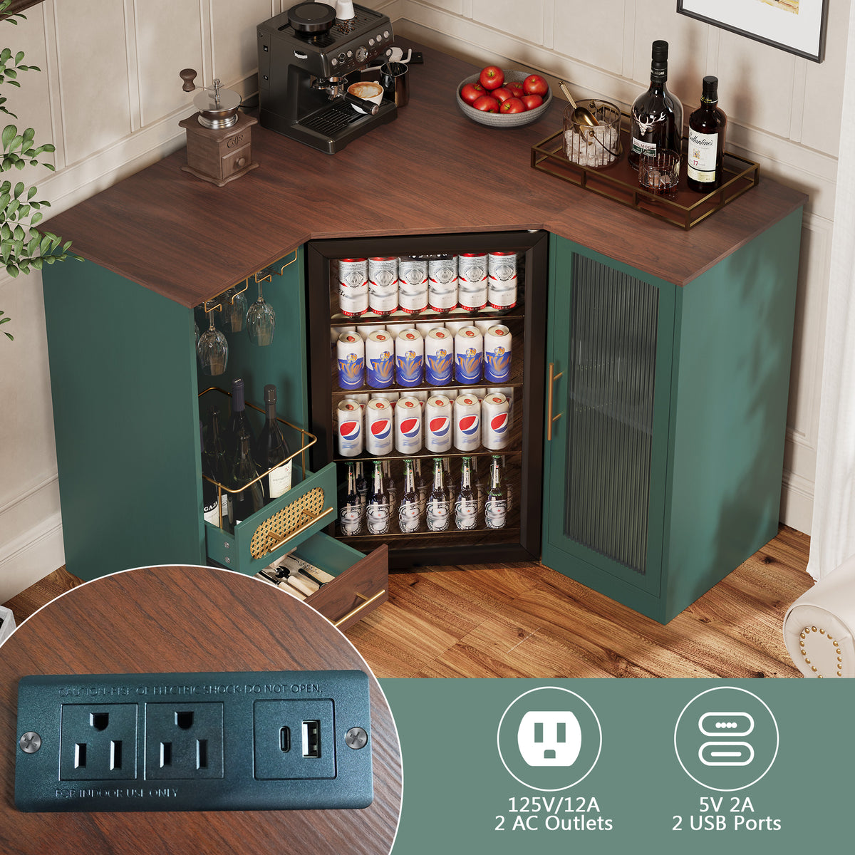 HLR Modern Corner Bar Cabinets with Mini Fridge Space, Wine Glass Rack, Storage Drawers, Green