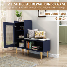 CBJCBJ Modern Storage Bench with Glass Door & Shelf - L-Shaped Entryway Cabinet, Padded Seat for Hallway/Bedroom/Office, Blue