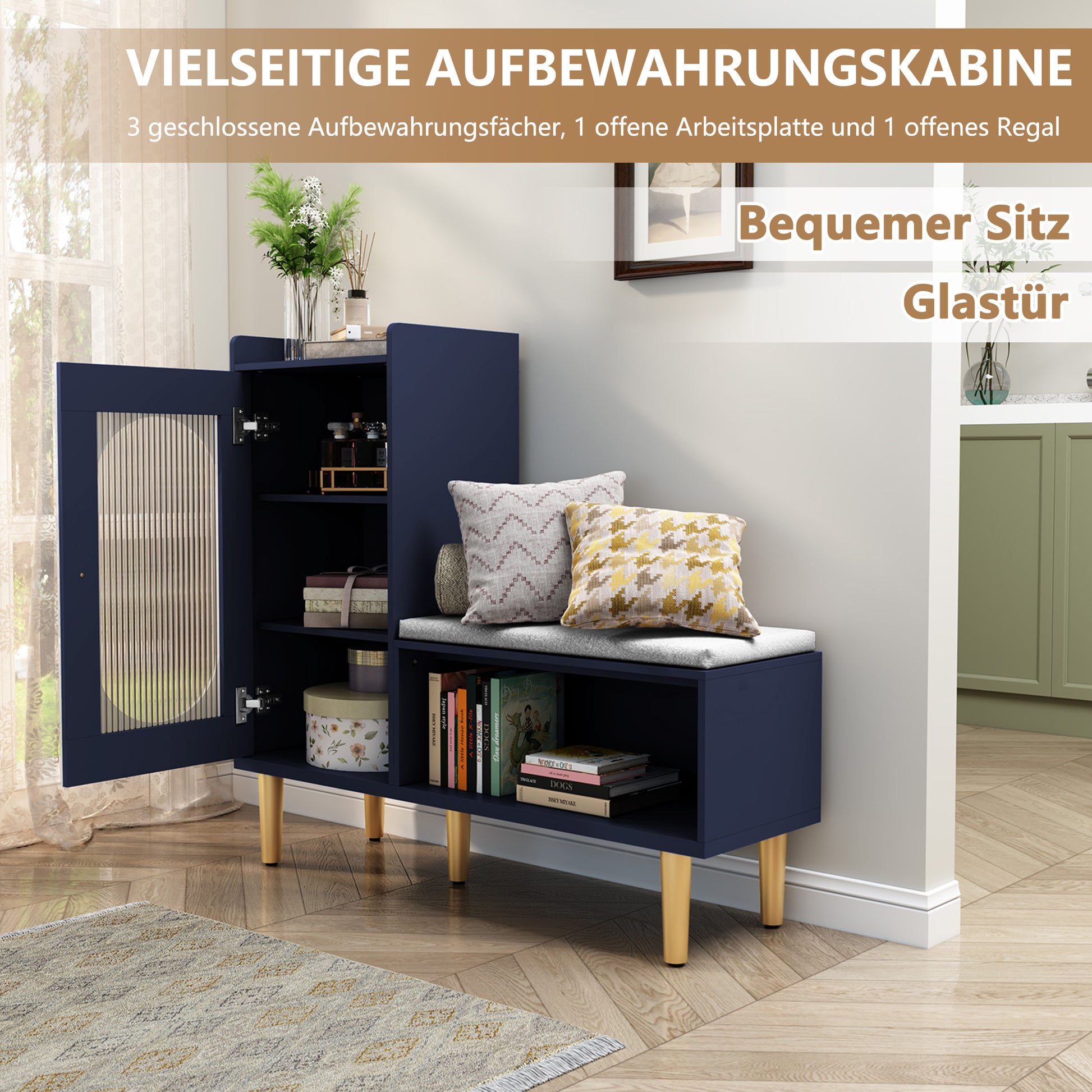 CBJCBJ Modern Storage Bench with Glass Door & Shelf - L-Shaped Entryway Cabinet, Padded Seat for Hallway/Bedroom/Office, Blue