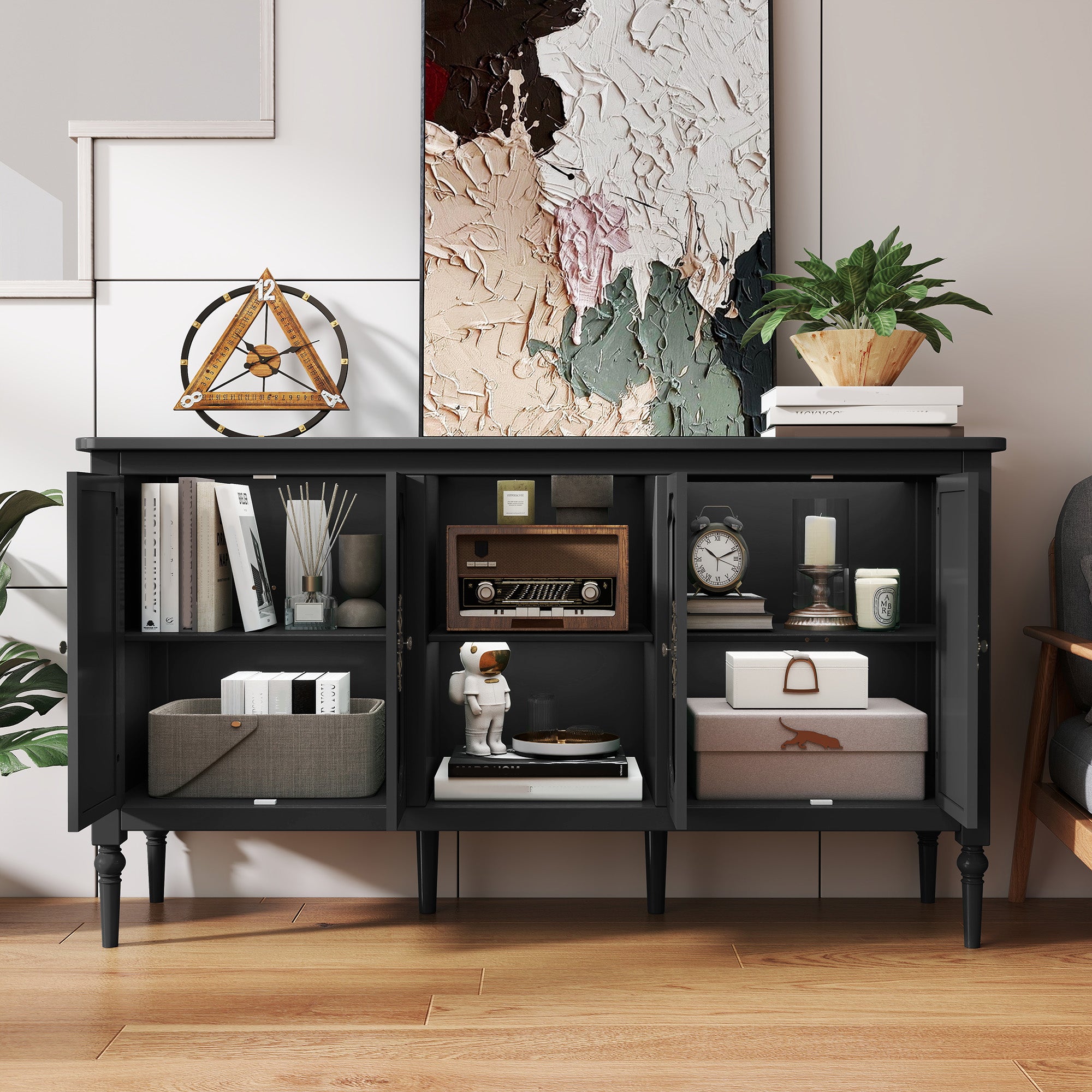 HLR 59" Mid Century Modern Storage Cabinet with Shelf, Vintage Large Sideboard Buffet Cabinet with 4 Doors, Black