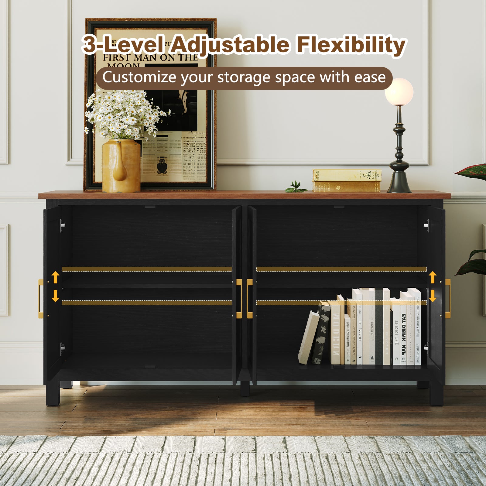 CBJCBJ 58” Modern Sideboard Buffet Cabinet, Living Room Accent Cabinet with Storage, for Kitchen,Black