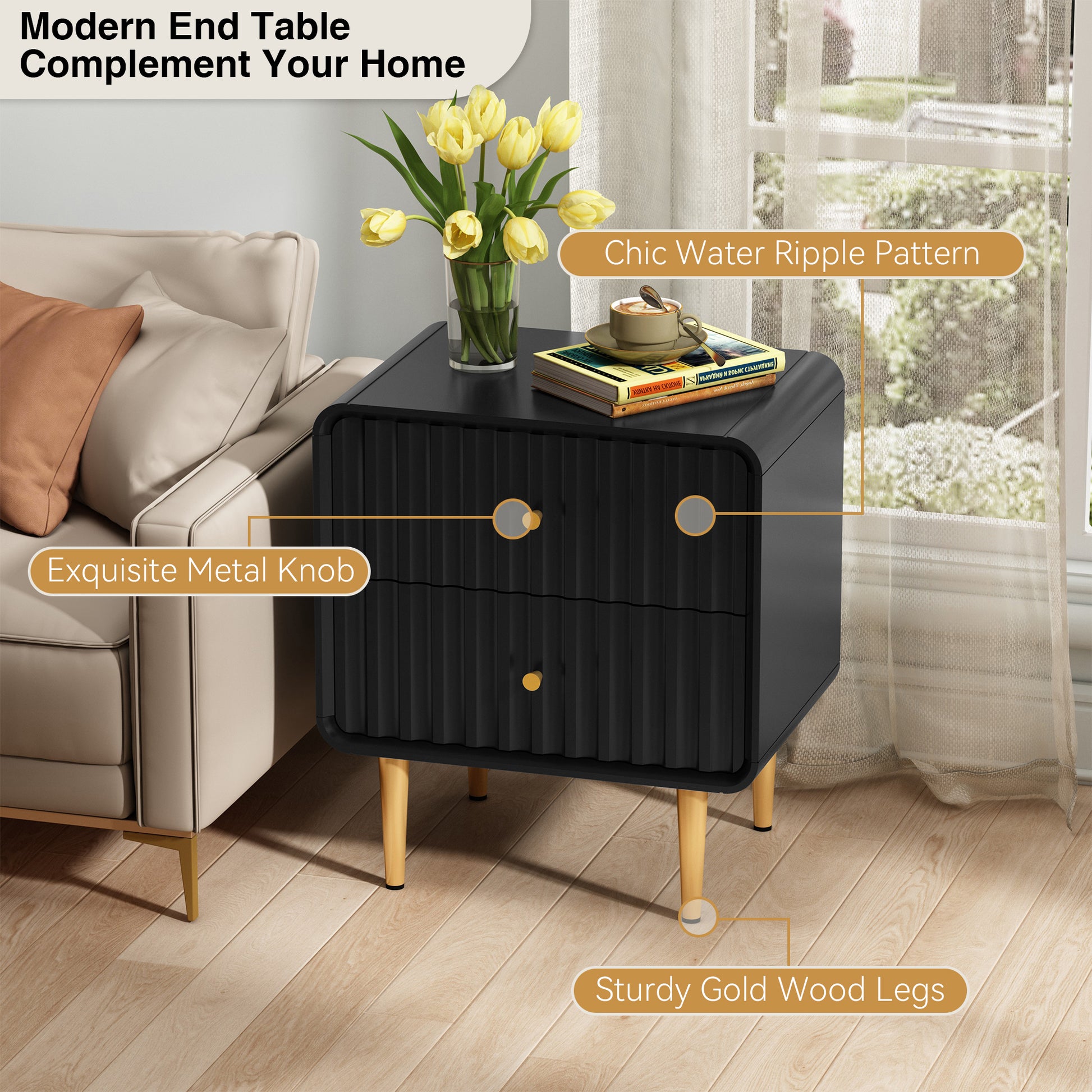 CBJCBJ Modern Bedroom Nightstand Set of 2, 20-Inch Wood Bedside Table with 2 Drawers and Gold Handles