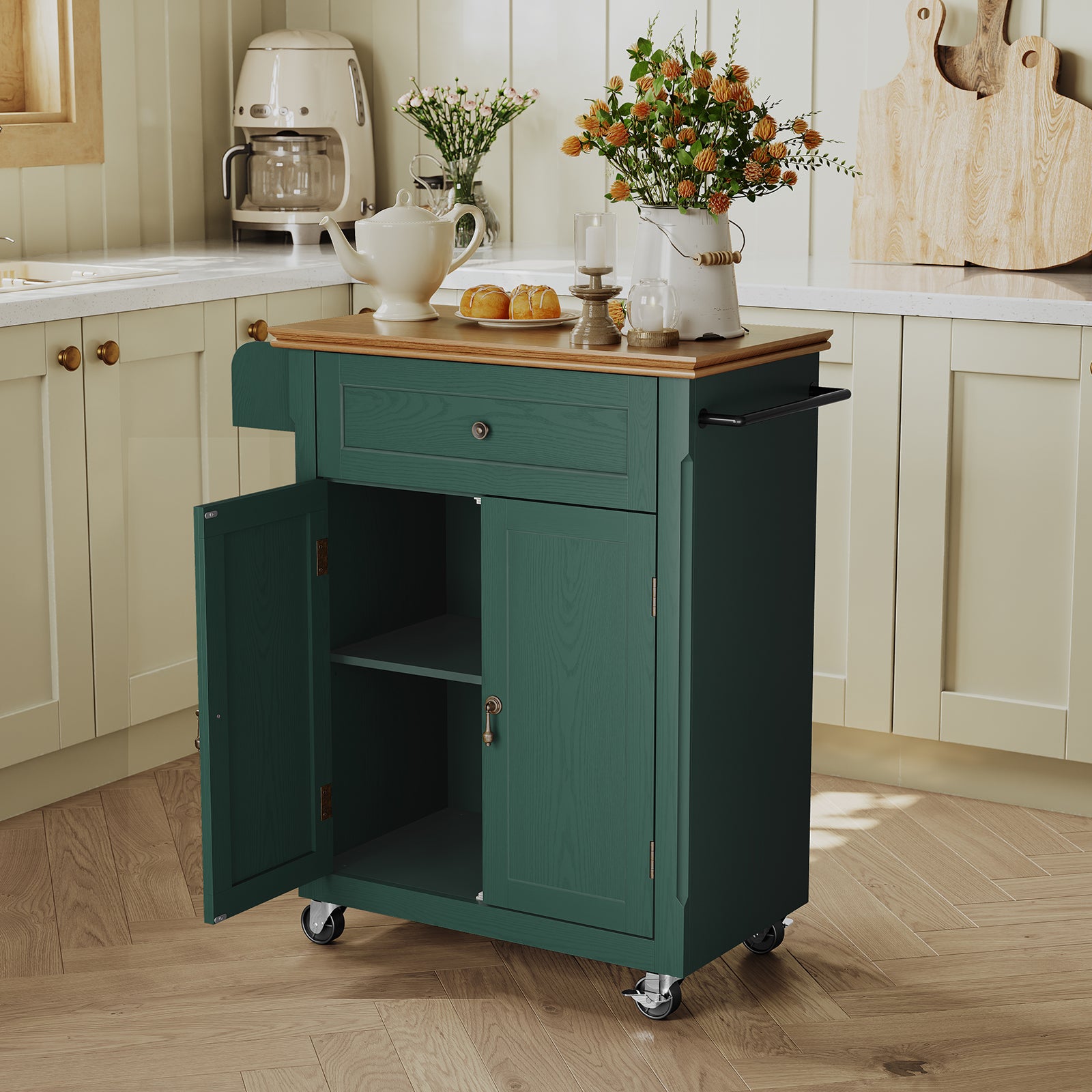 HLR Small Kitchen Islands Table with Storage, Rolling Wood Microwave Cart on Wheels for Dining Room, Green