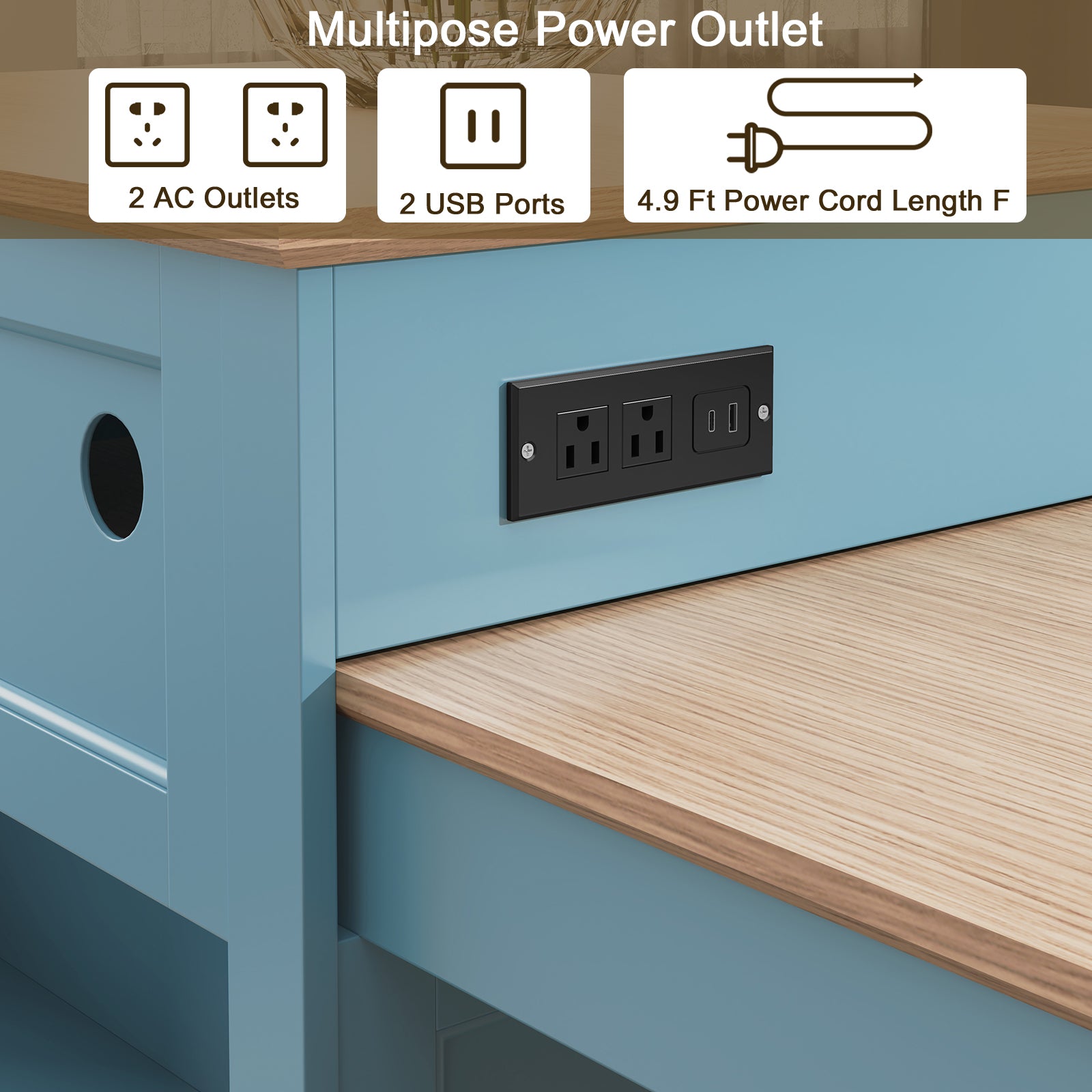 CBJCBJ Modern Extendable Kitchen Islands on Wheels with Power Outlet, Dining Table Cart with 2 Doors Storage, Blue