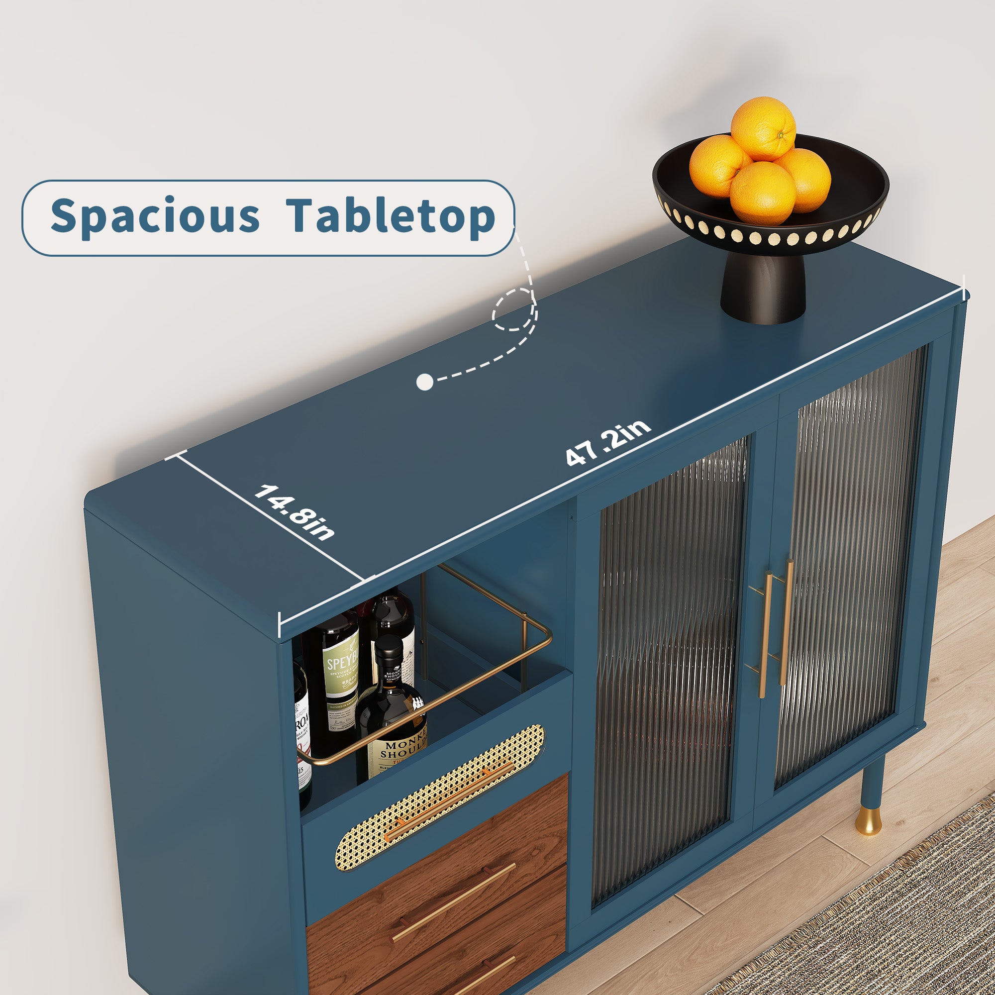 HLR 47.2" Coffee Wine Bar Cabinet with 2 Glass Doors, Modern Buffet Sideboard Table for Dining Room, Blue