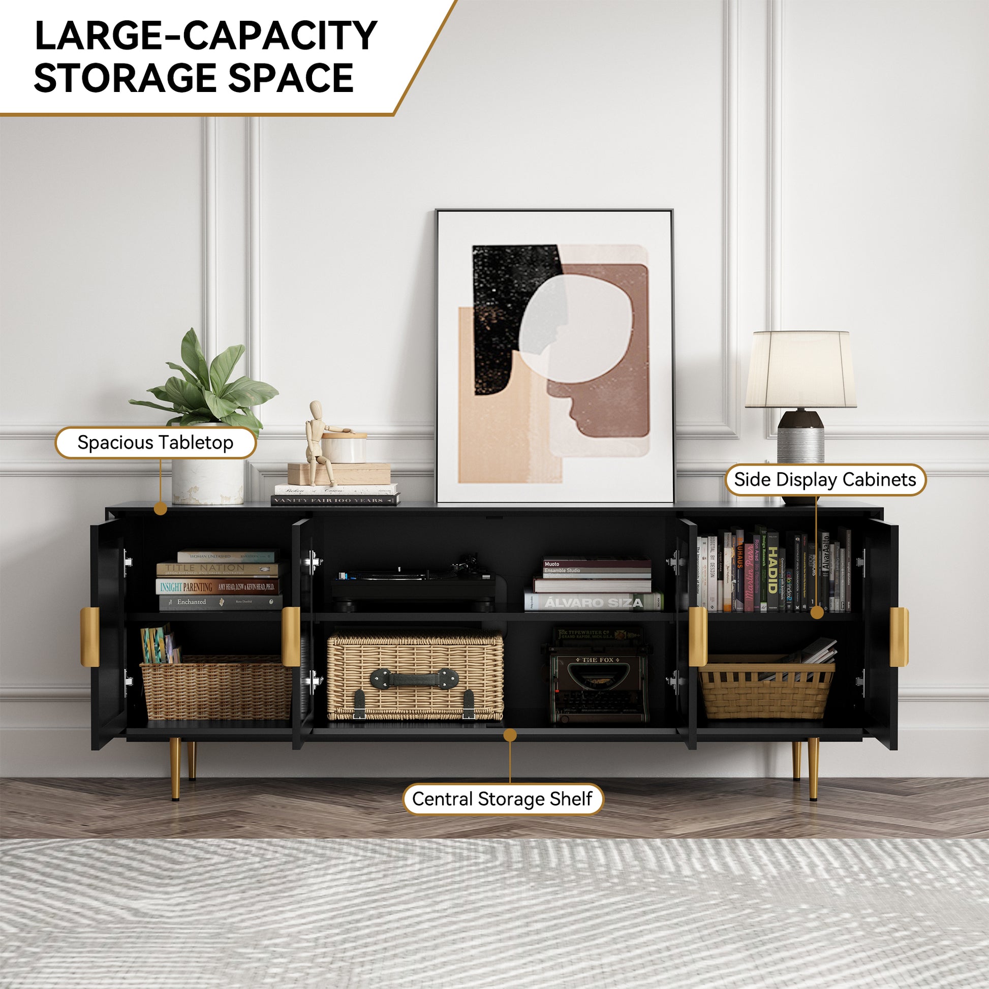 CBJCBJ 66" TV up to 75" Stand for Living Room, Entertainment Center with Glass Storage Cabinet,Black