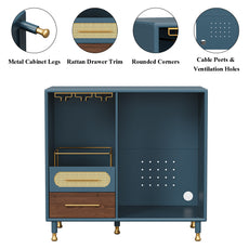 HLR Modern Coffee Bar Cabinet with Space for Mini Fridge and Rattan Drawer, Blue
