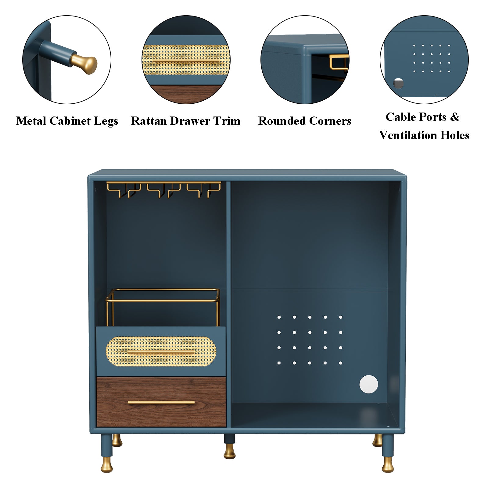 HLR Modern Coffee Bar Cabinet with Space for Mini Fridge and Rattan Drawer, Blue