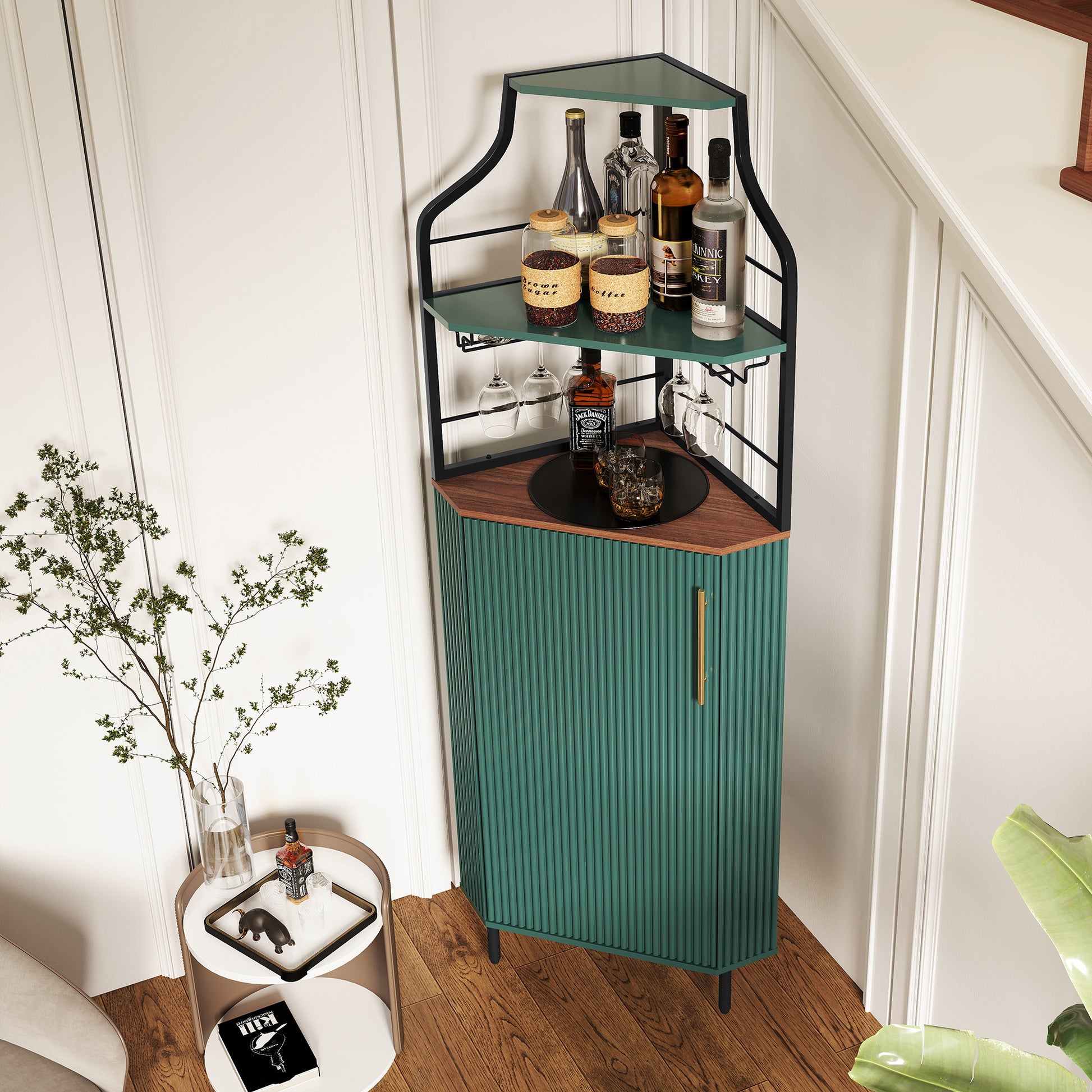HLR Corner Coffee Bar Cabinet with LED Strip, 4-Tiers Modern Tall Liquor Cabinet with Wine Rack for Dining Room, Green