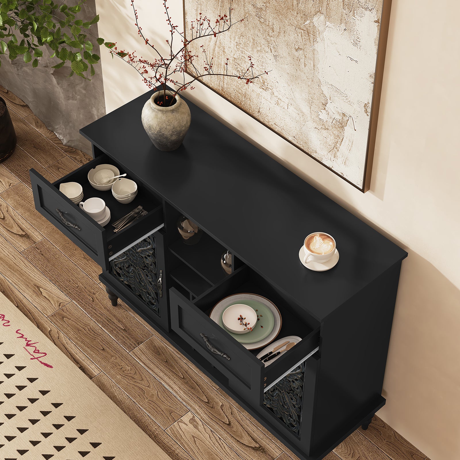 HLR 47.2" Wine Bar Cabinet, Retro Sideboard Buffet Coffee Bar with Storage for Living Room, Black