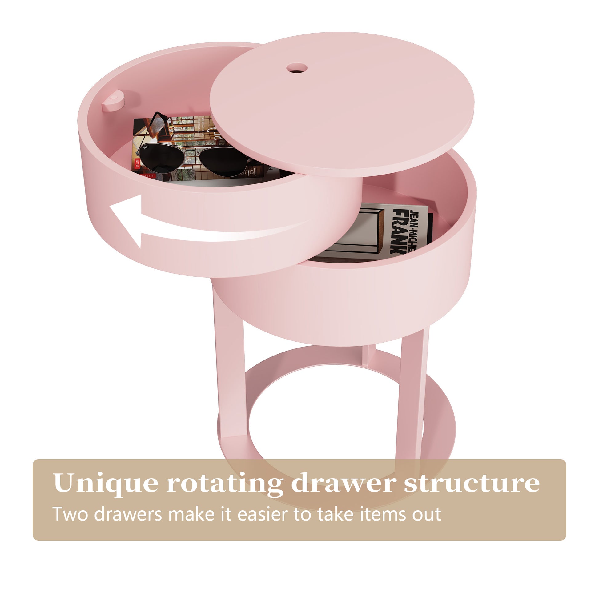 CBJCBJ Modern Round Nightstand with Drawer, 14.2" Bedside Table for Bedroom,Pink