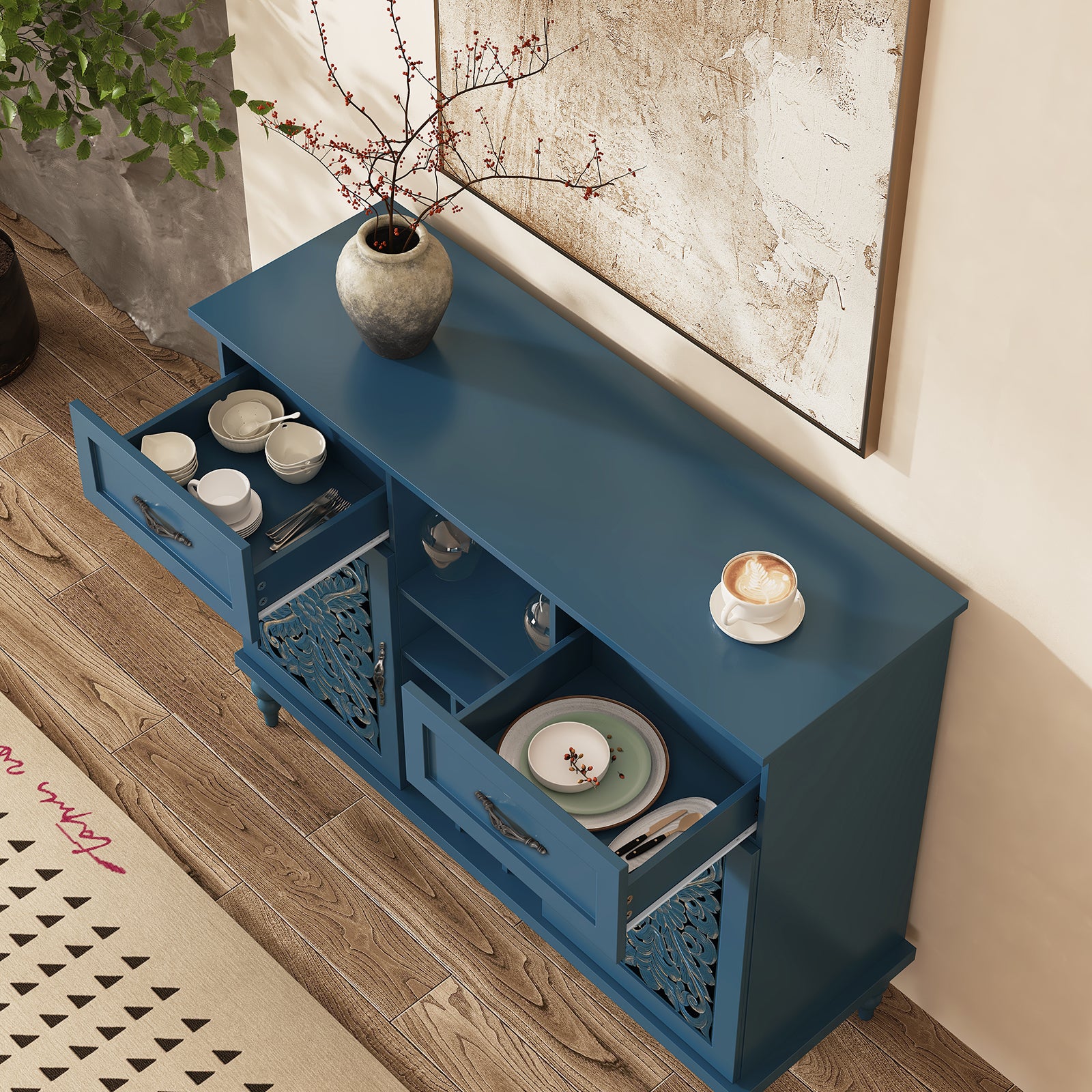 HLR 47.2" Wine Bar Cabinet, Retro Sideboard Buffet Coffee Bar with Storage for Living Room, Blue