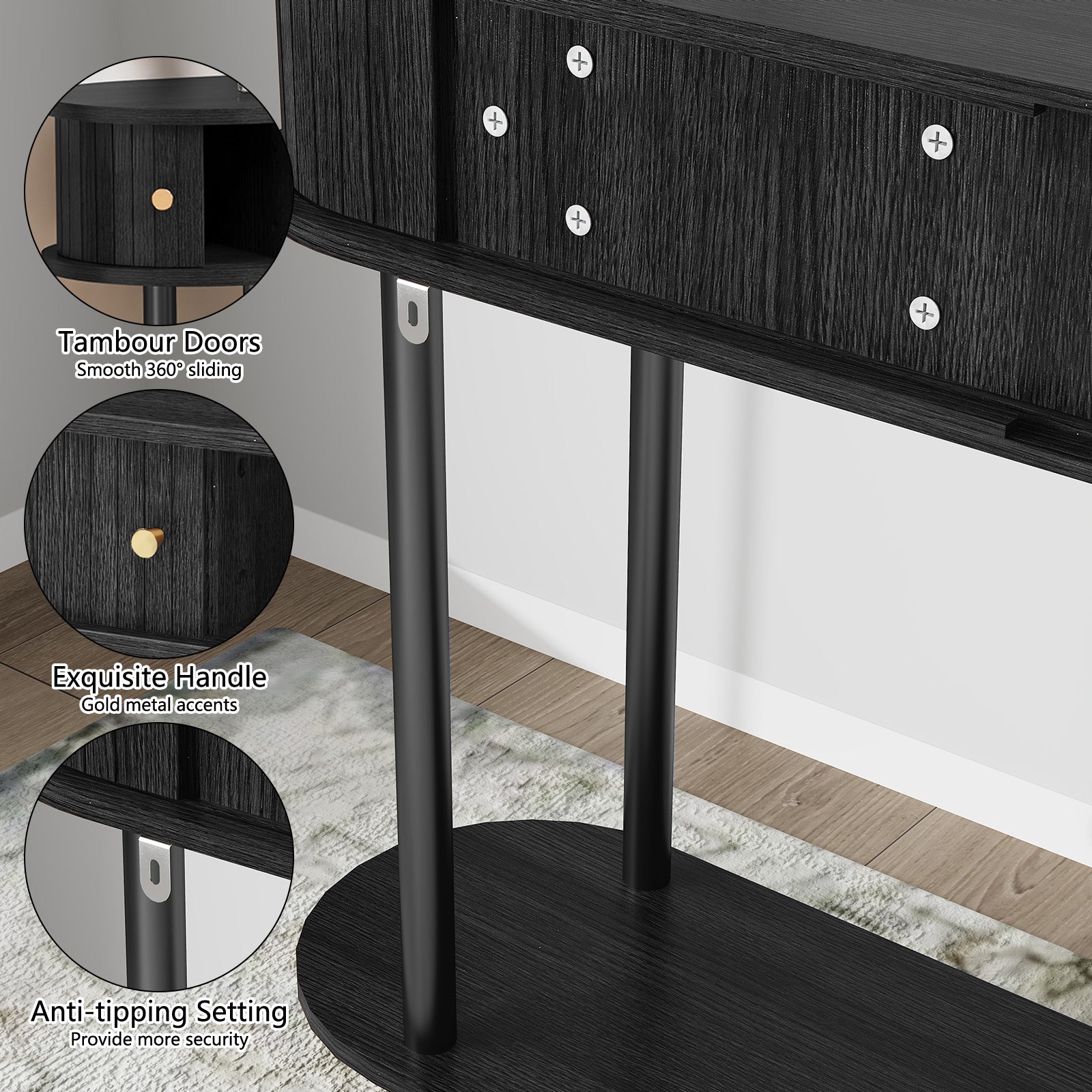 CBJCBJ 47.5" Console Modern Entryway Table with Wood Tambour Door Sofa Console &Storage Shelf for Hallway, Living Room（Black）