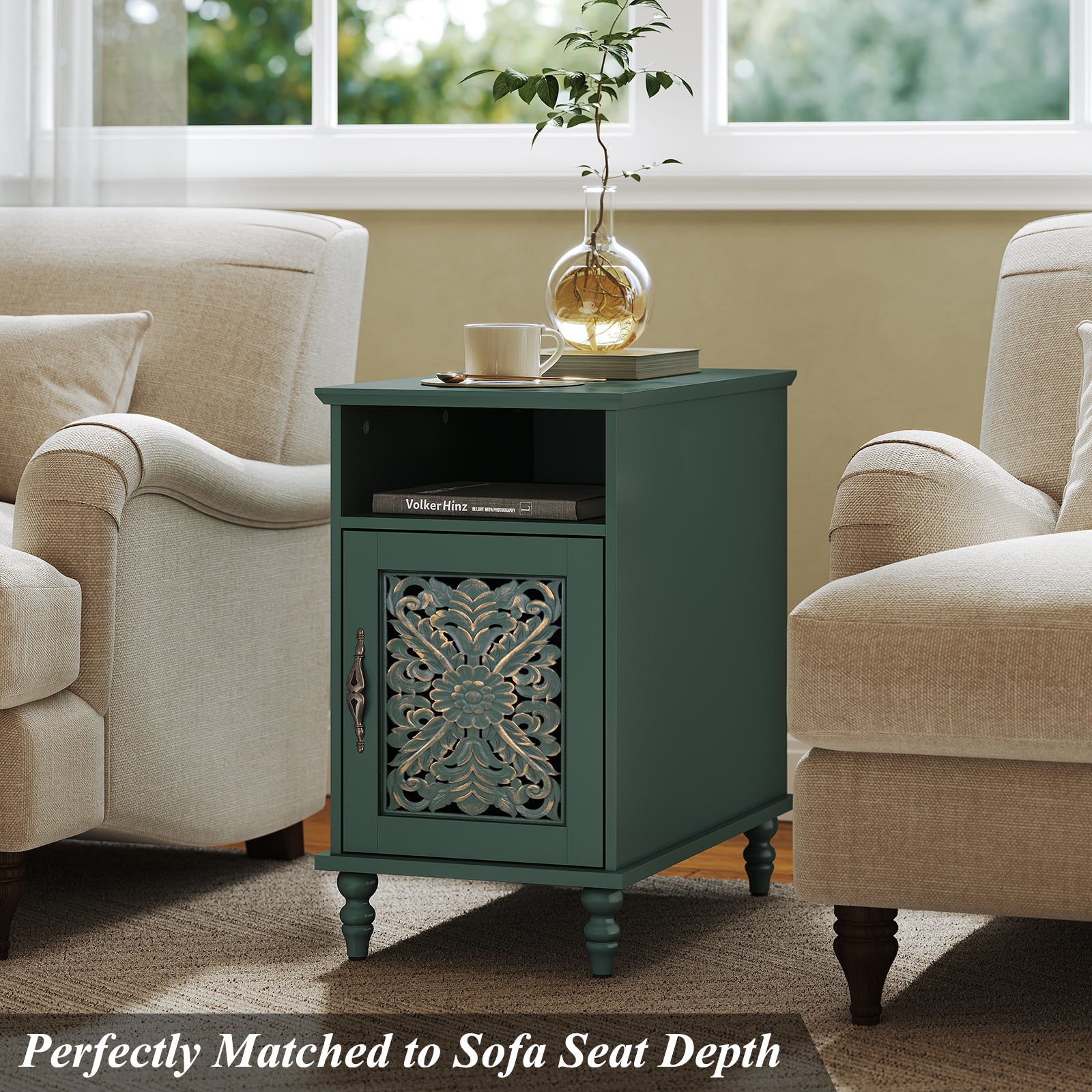 HLR 13.77" Nightstand with Charging Station, Modern Green End / BedSide Table for Living Room
