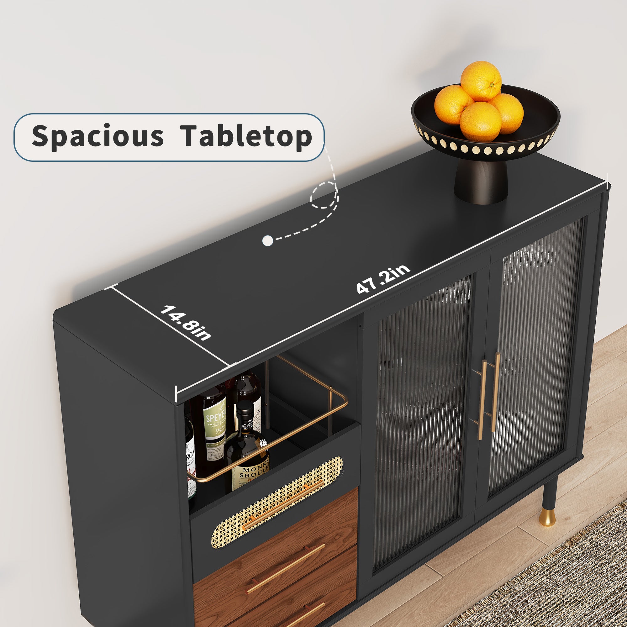 HLR 47.2" Coffee Wine Bar Cabinet with 2 Glass Doors, Modern Buffet Sideboard Table for Dining Room, Black