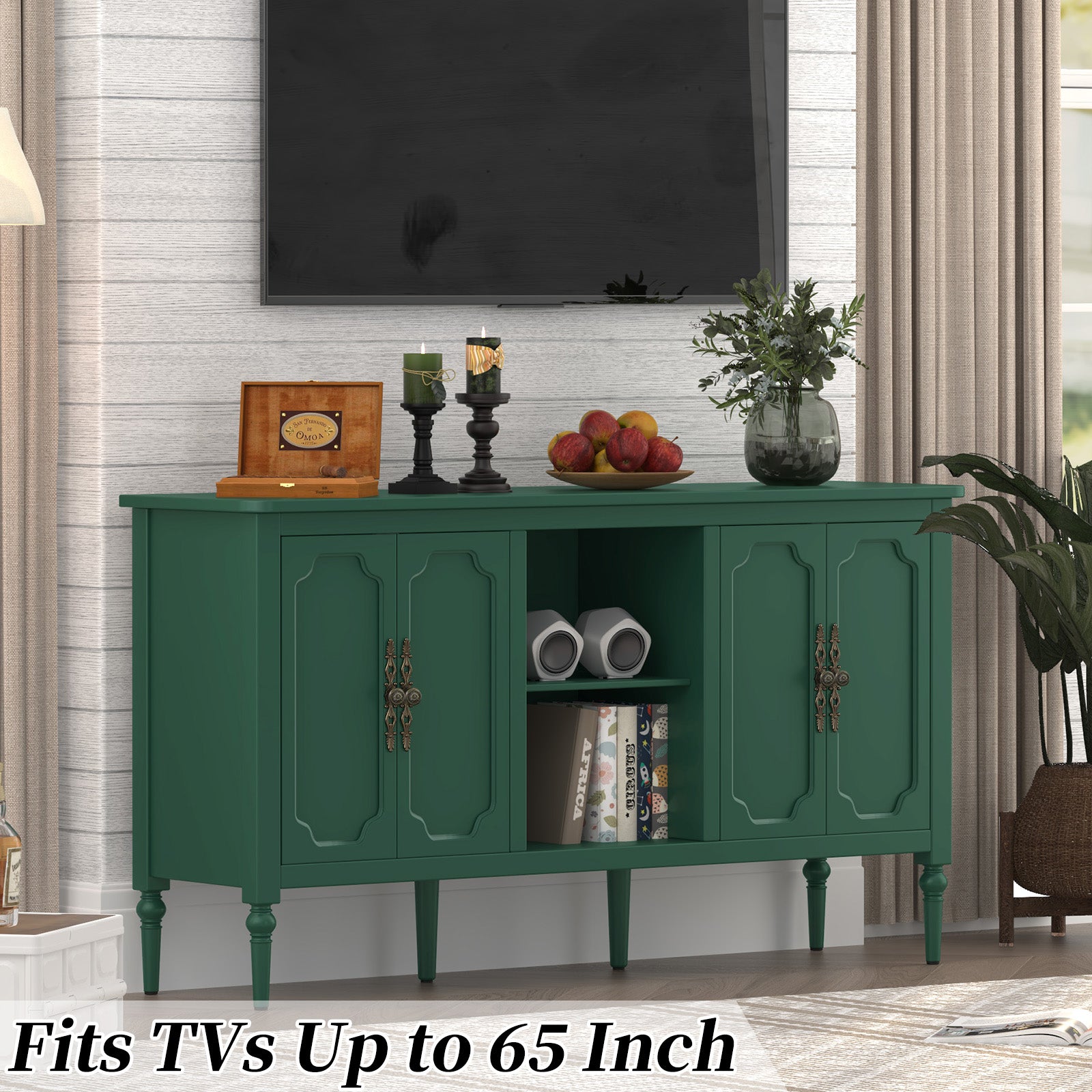 CBJCBJ 59" Mid-Century Storage Cabinet with Adjustable Shelves, Double-Layer Open Design for Living Room & Bedroom, Green