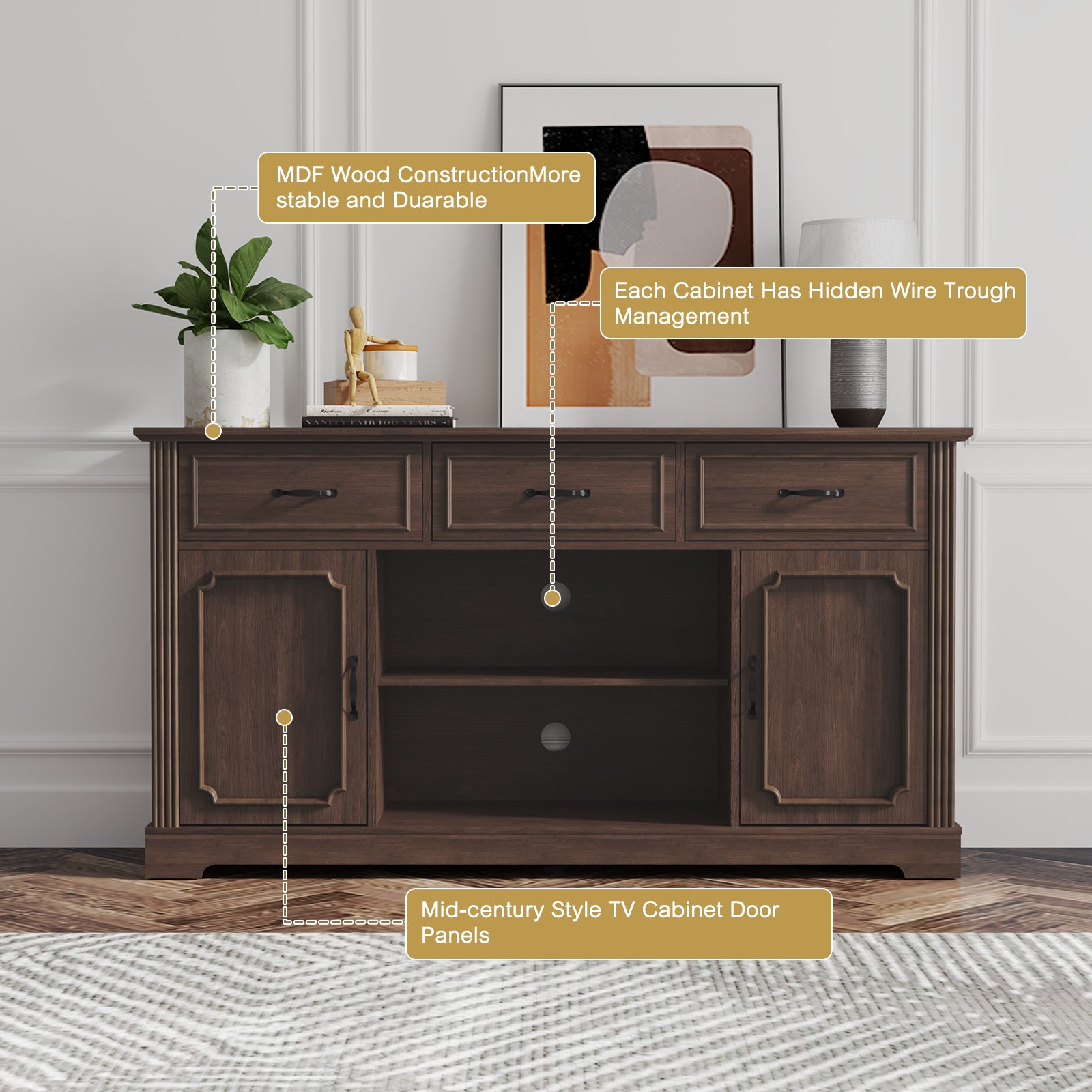 HLR Mid Century 60" TV Stand for TV up to 65", Entertainment Center with Drawers Storage for Living Room, Brown