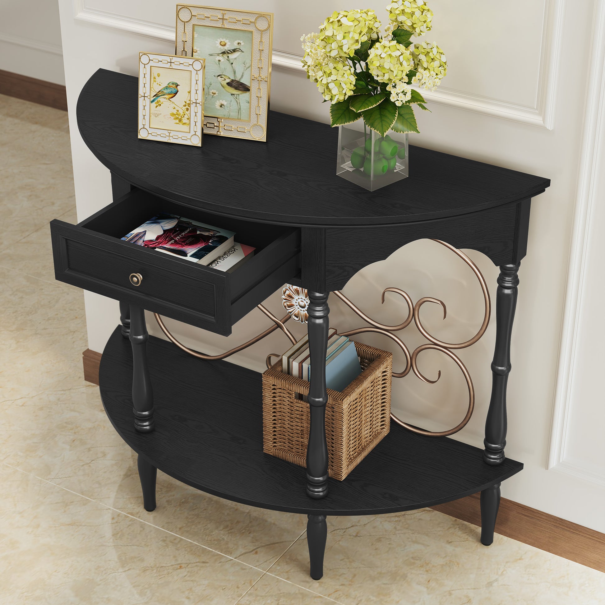 HLR 40" Mid Century Console Table with Drawer, Assembled Entryway Table with Storage for Hallway, Black