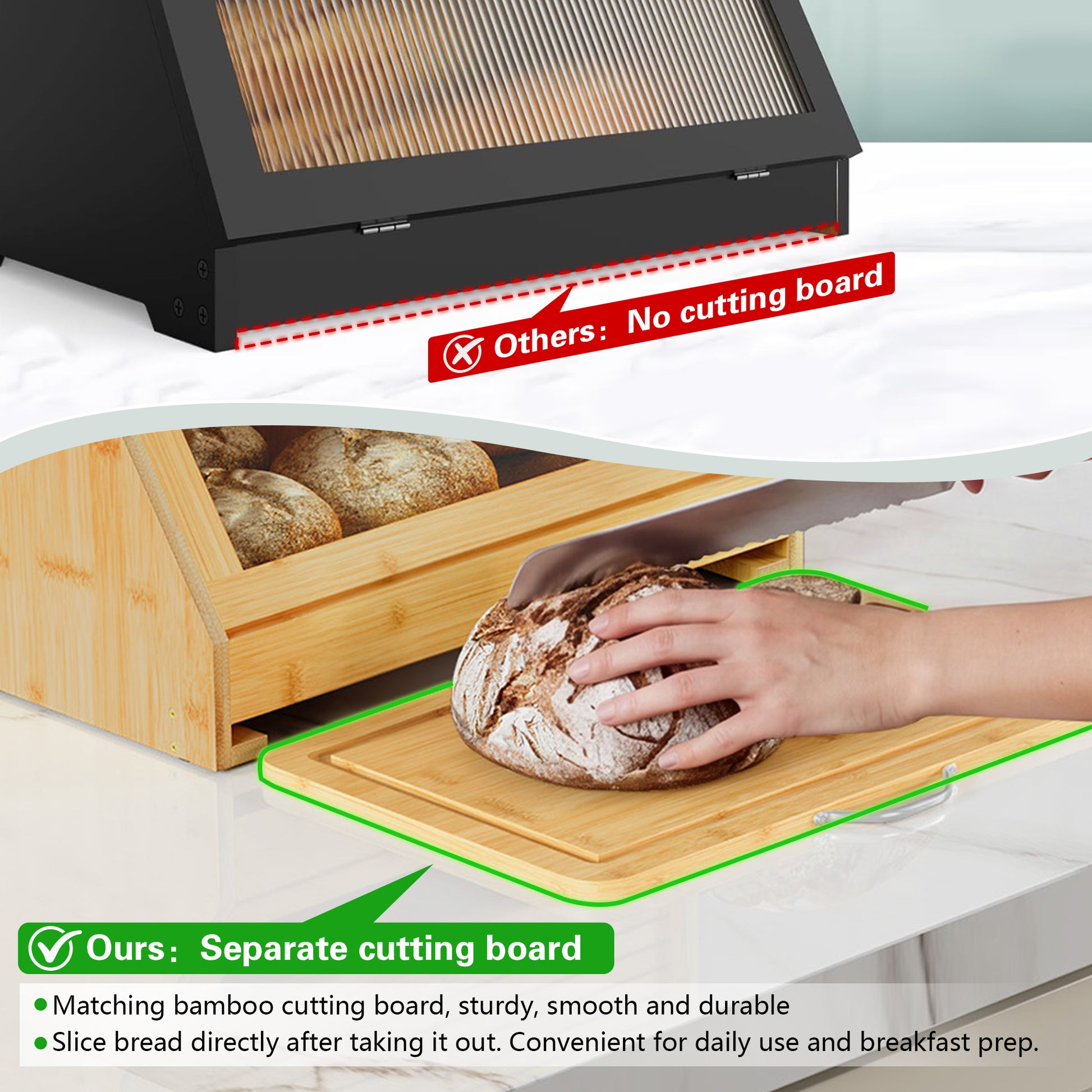 CBJCBJ Natural Bamboo Bread Box with Cutting Board and Roll Top, 2-Tier Large Wood Bread Bin for Kitchen,Wood