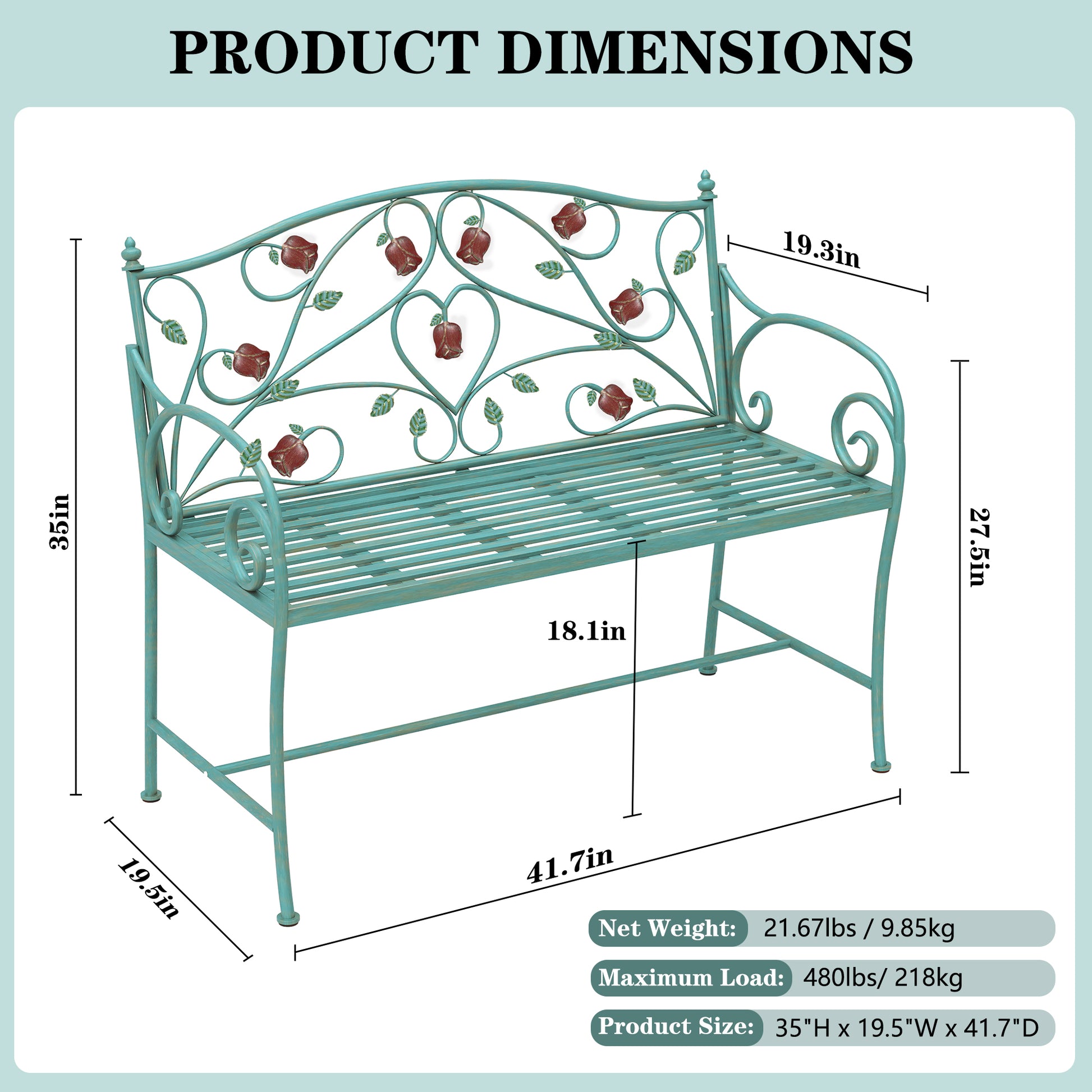 CBJCBJ 42" Waterproof Outdoor Bench ,Indoor Entryway Stools with Metal Rose Design, for Gardens/ Lawns,Blue
