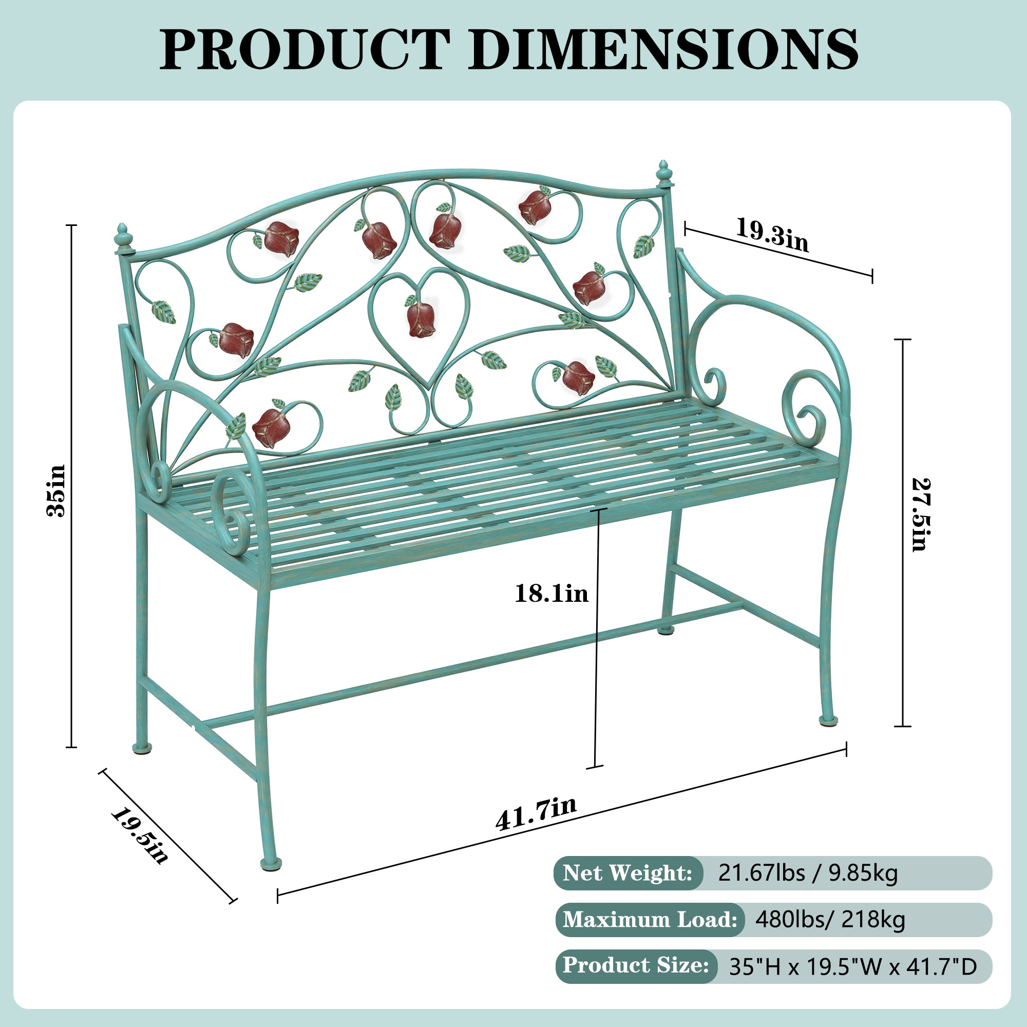 CBJCBJ 42" Waterproof Outdoor Bench ,Indoor Entryway Stools with Metal Rose Design, for Gardens/ Lawns,Blue
