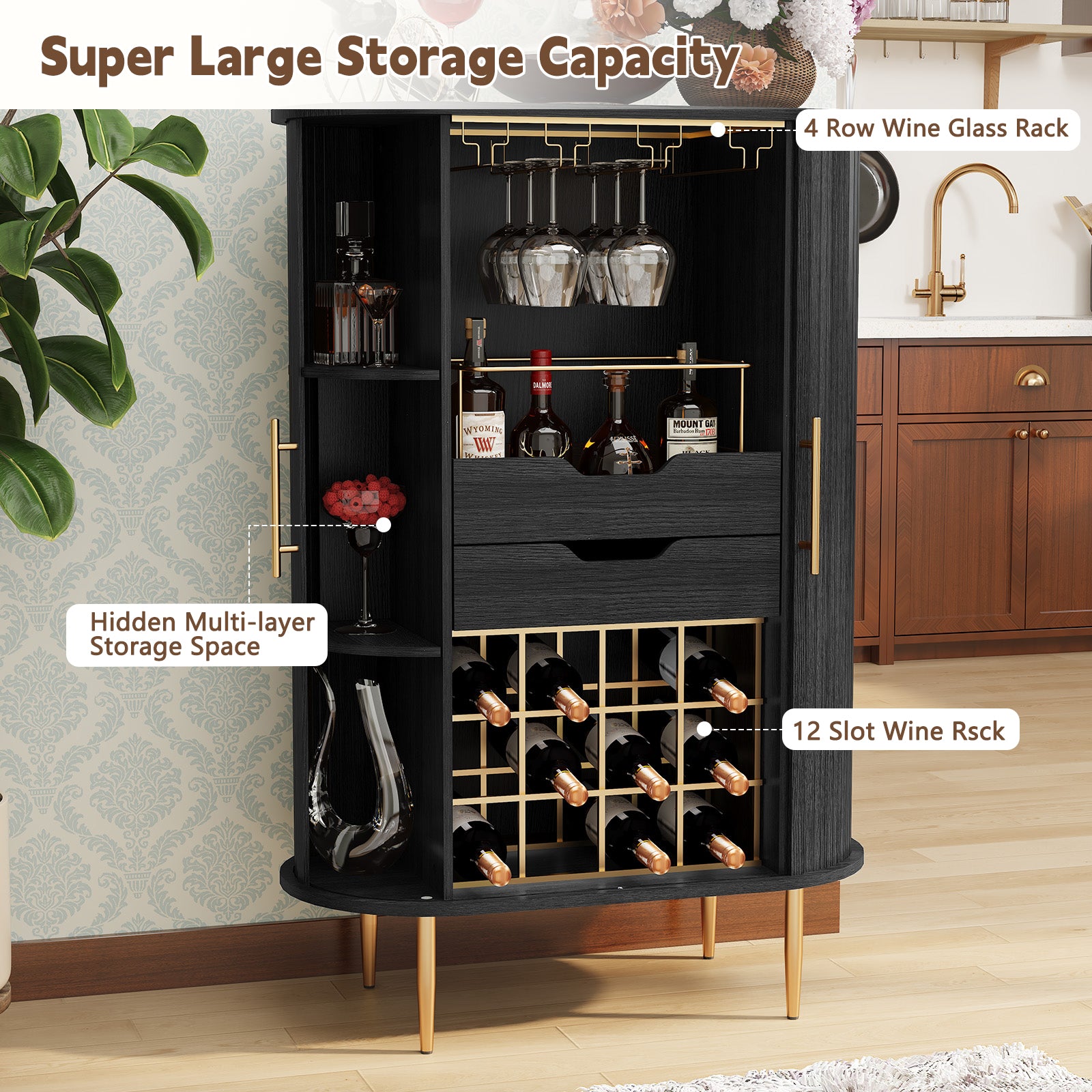 CBJCBJ Bar Cabinet with Tambour Door –Wood Liquor Cabinet 16 with Wine Racks and Glass Holder,Coffee Bar for Home(Black)