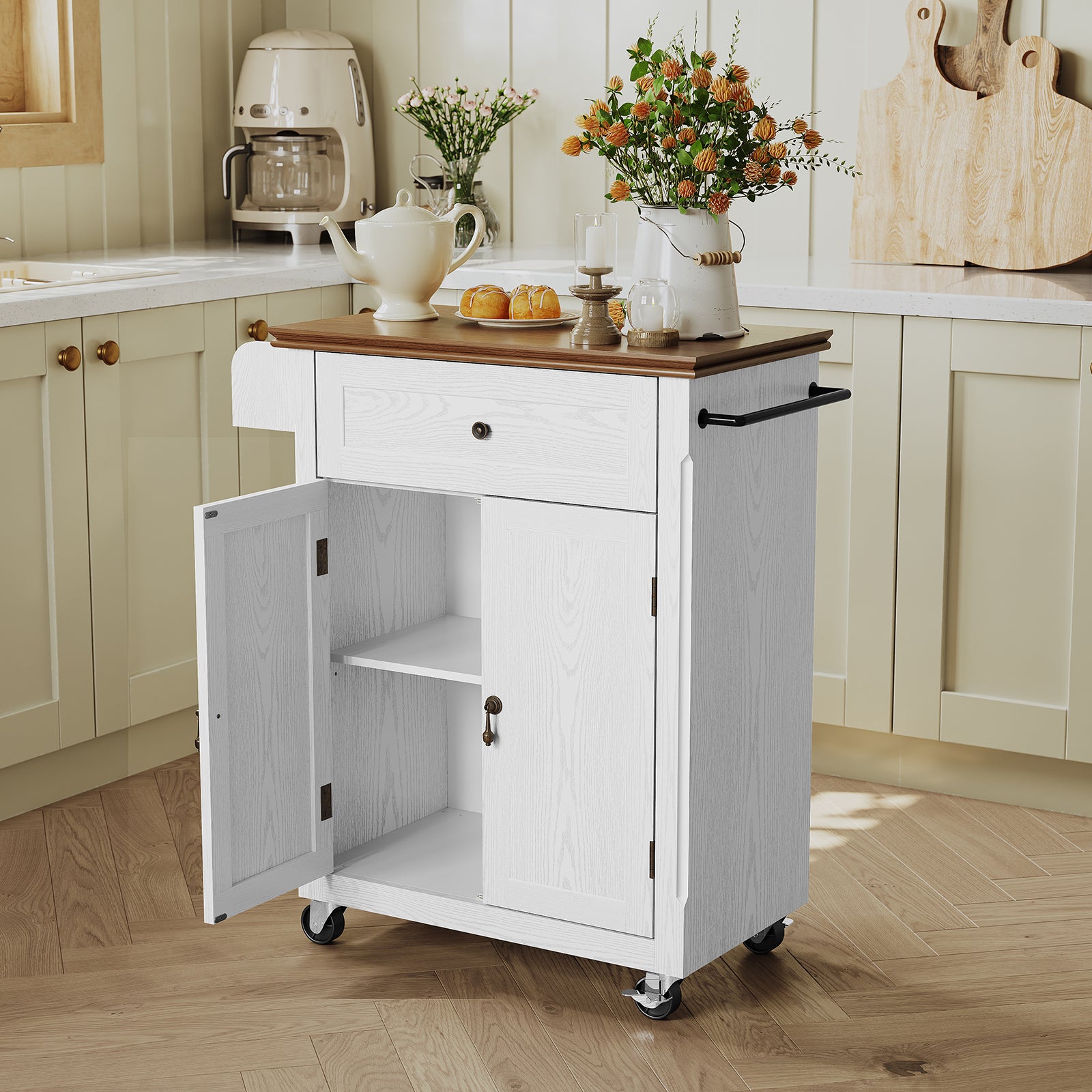 HLR Small Kitchen Islands Table with Storage, Rolling Wood Microwave Cart on Wheels for Dining Room, White