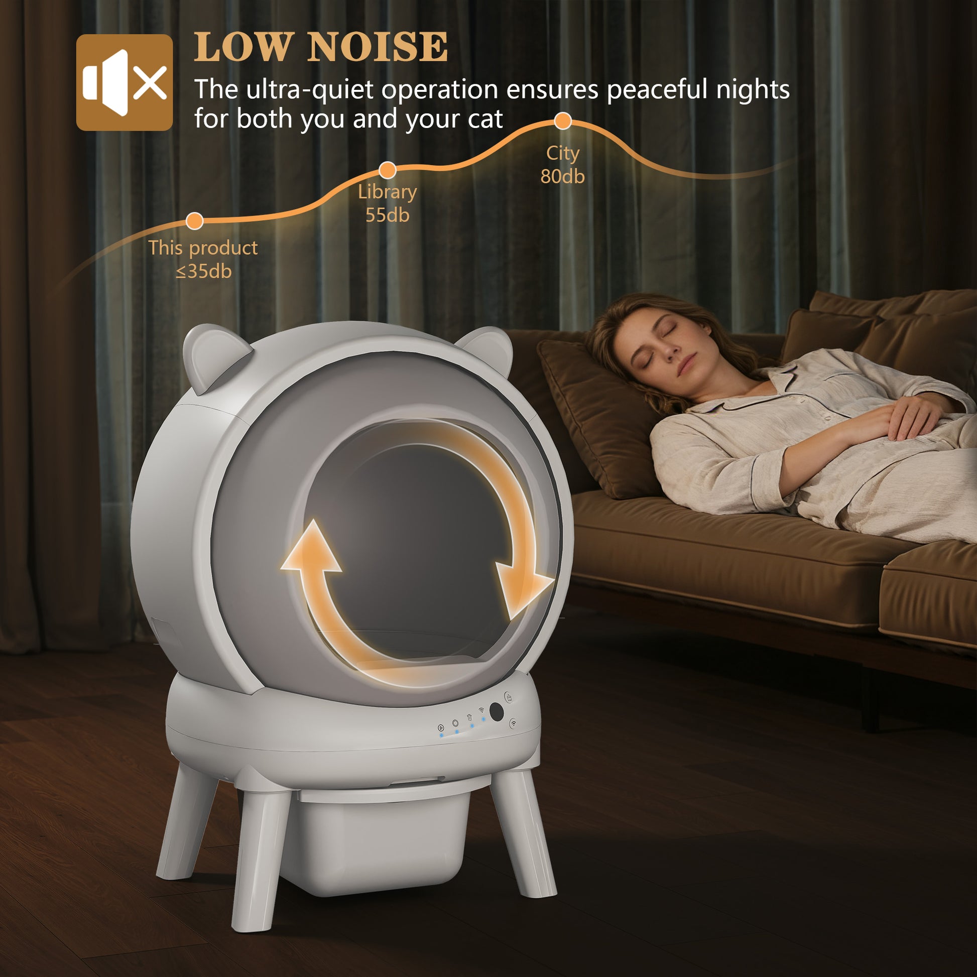HLR 60L Smart Automatic Self-Cleaning Cat Litter Box, APP Control/Integrated Safety Protection, Cat Ears Design, White