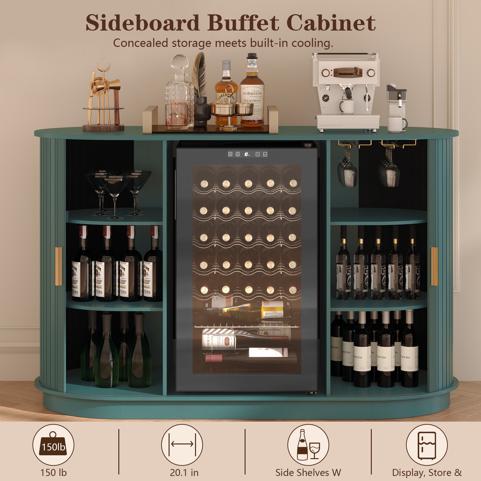 HLR Mid Century Coffee Bar Cabinet, Wine Cabinet Mini Fridge Space, Green