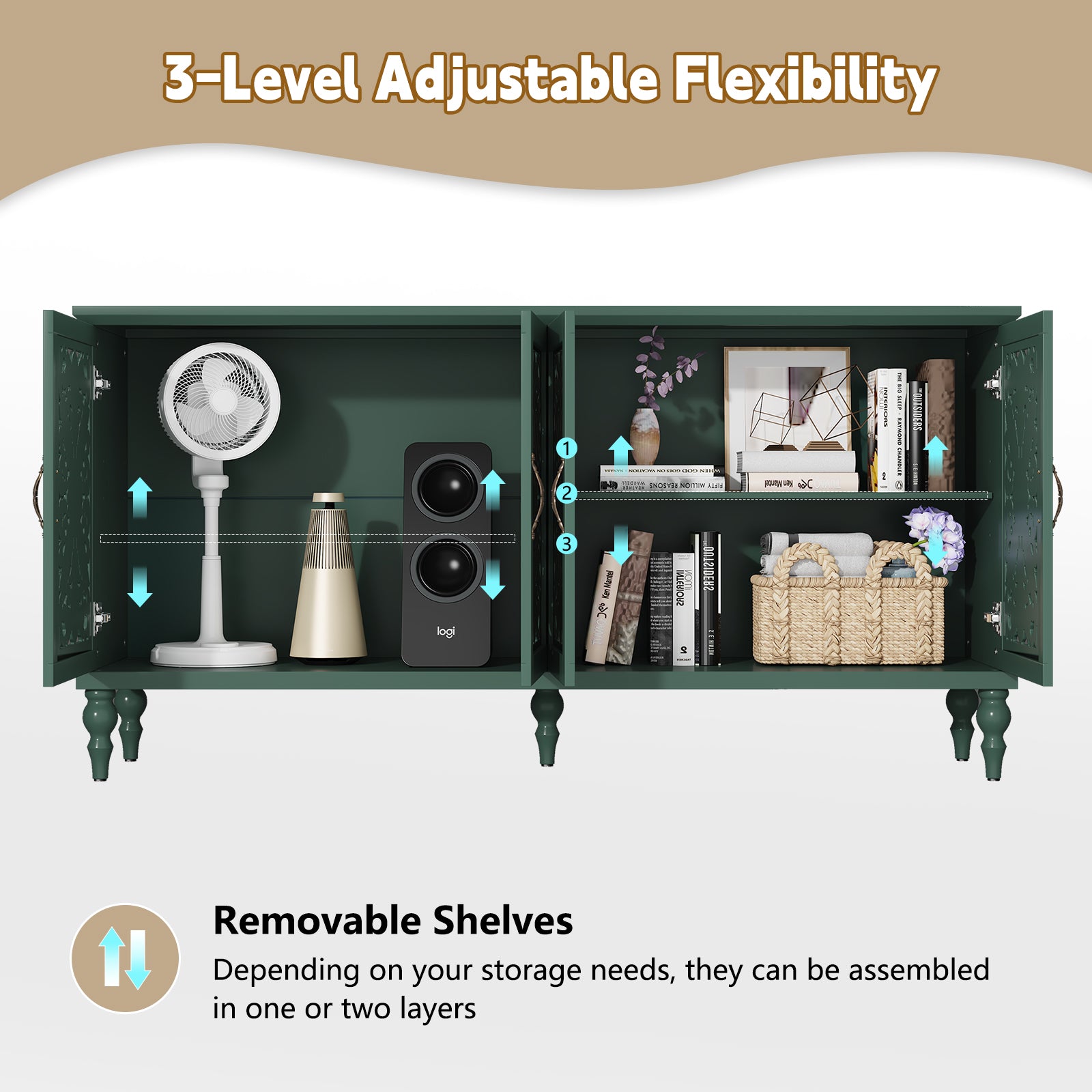 CBJCBJ Mid-Century Retro 62" Wood Openwork Carved 4 Door Sideboard Buffet Cabinet for Living Dining & Bedroom,Green