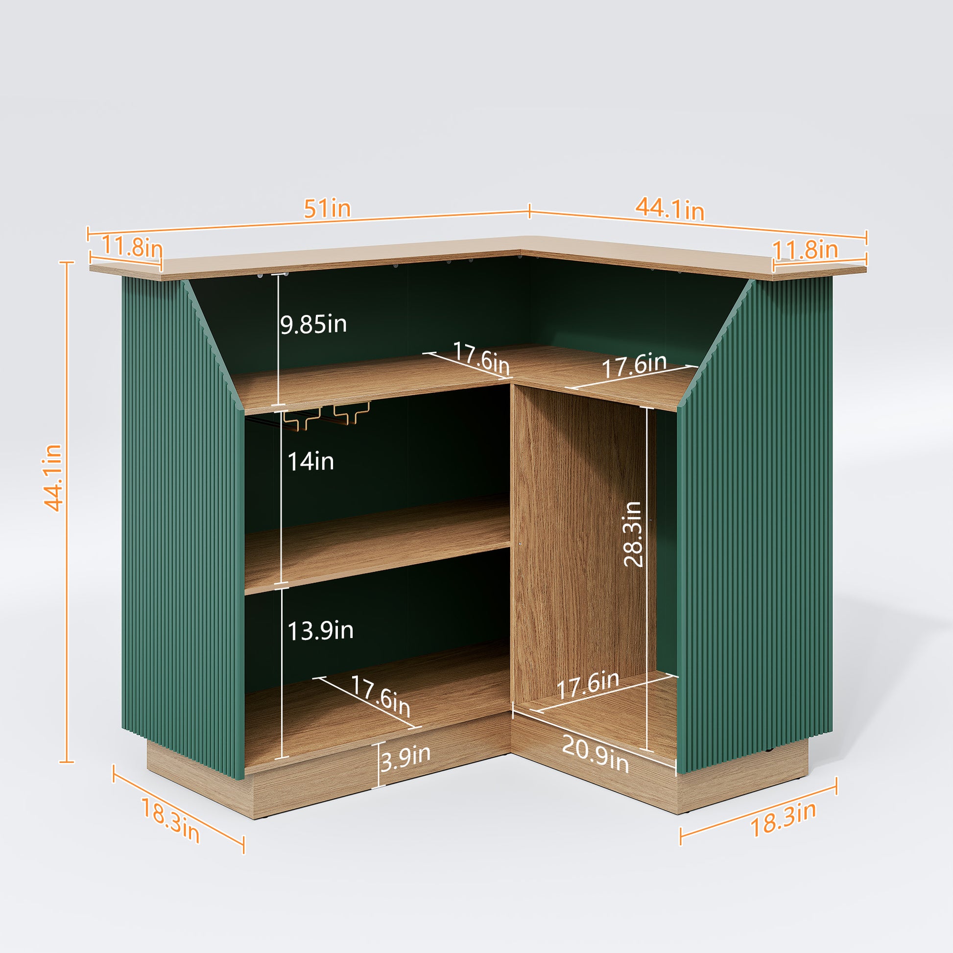 HLR L-Shaped Home Bar Cabinet with Fridge Space, 4-Tier Corner Bar Unit Wine Cabinet with Storage, Green