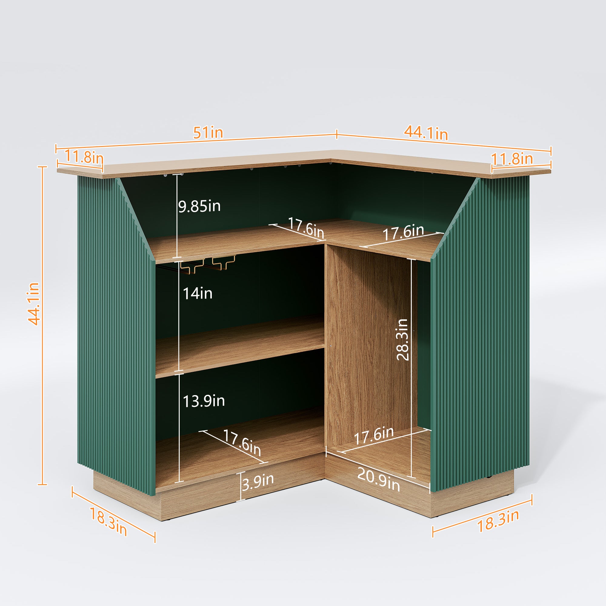 HLR L-Shaped Home Bar Cabinet with Fridge Space, 4-Tier Corner Bar Unit Wine Cabinet with Storage, Green