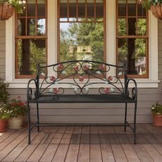 HLR Farmhouse Outdoor Bench with Rose Pattern, 41.7'' Metal Frame Patio Garden Chair Cast Iron, Black