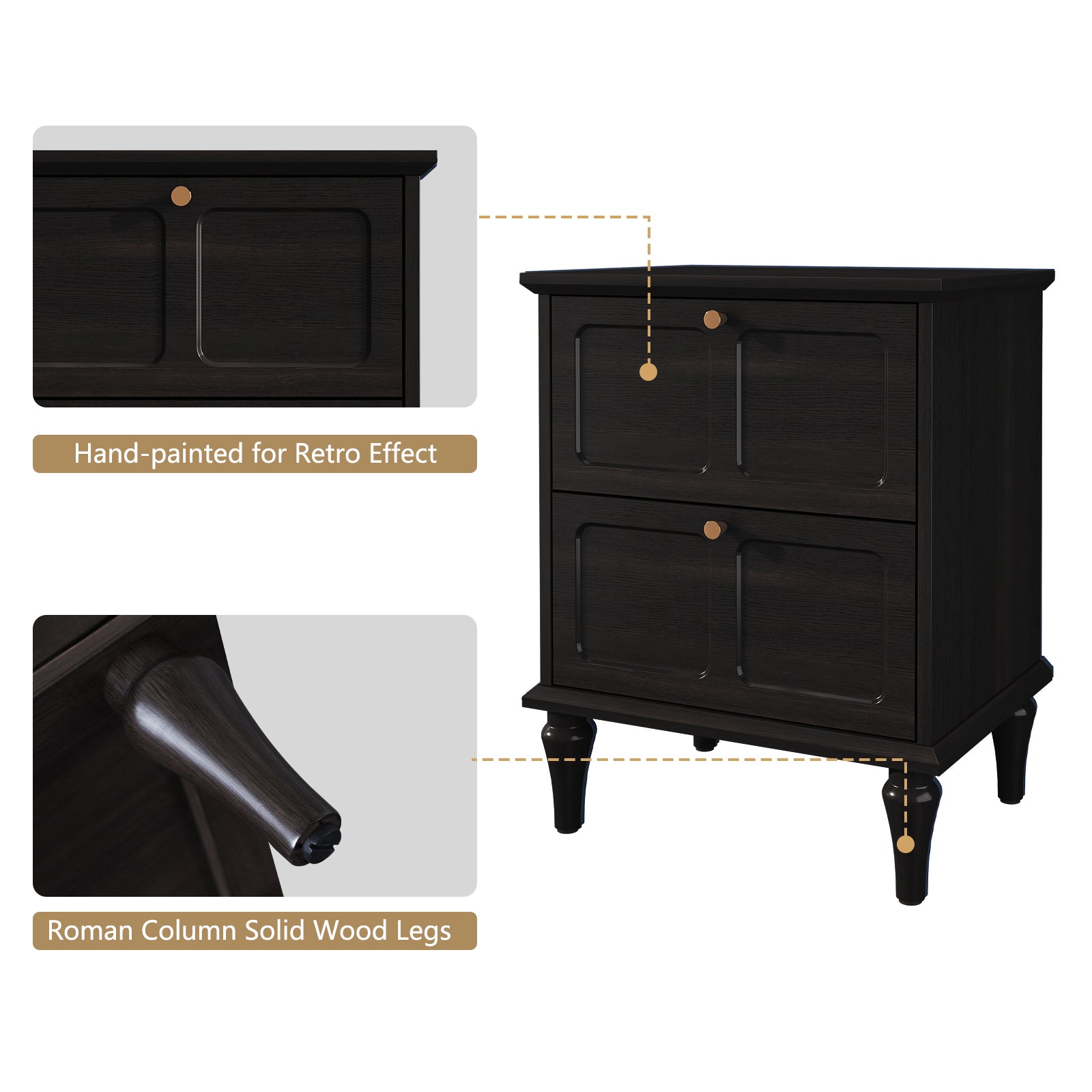 CBJCBJ21" Mid-Century Nightstands Set of Two, Featuring Two Storage Drawers with Metal Handles, Black