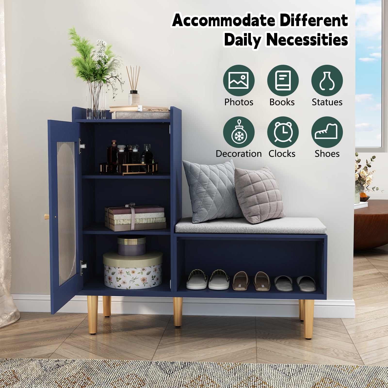 CBJCBJ Modern Storage Bench with Glass Door & Shelf - L-Shaped Entryway Cabinet, Padded Seat for Hallway/Bedroom/Office