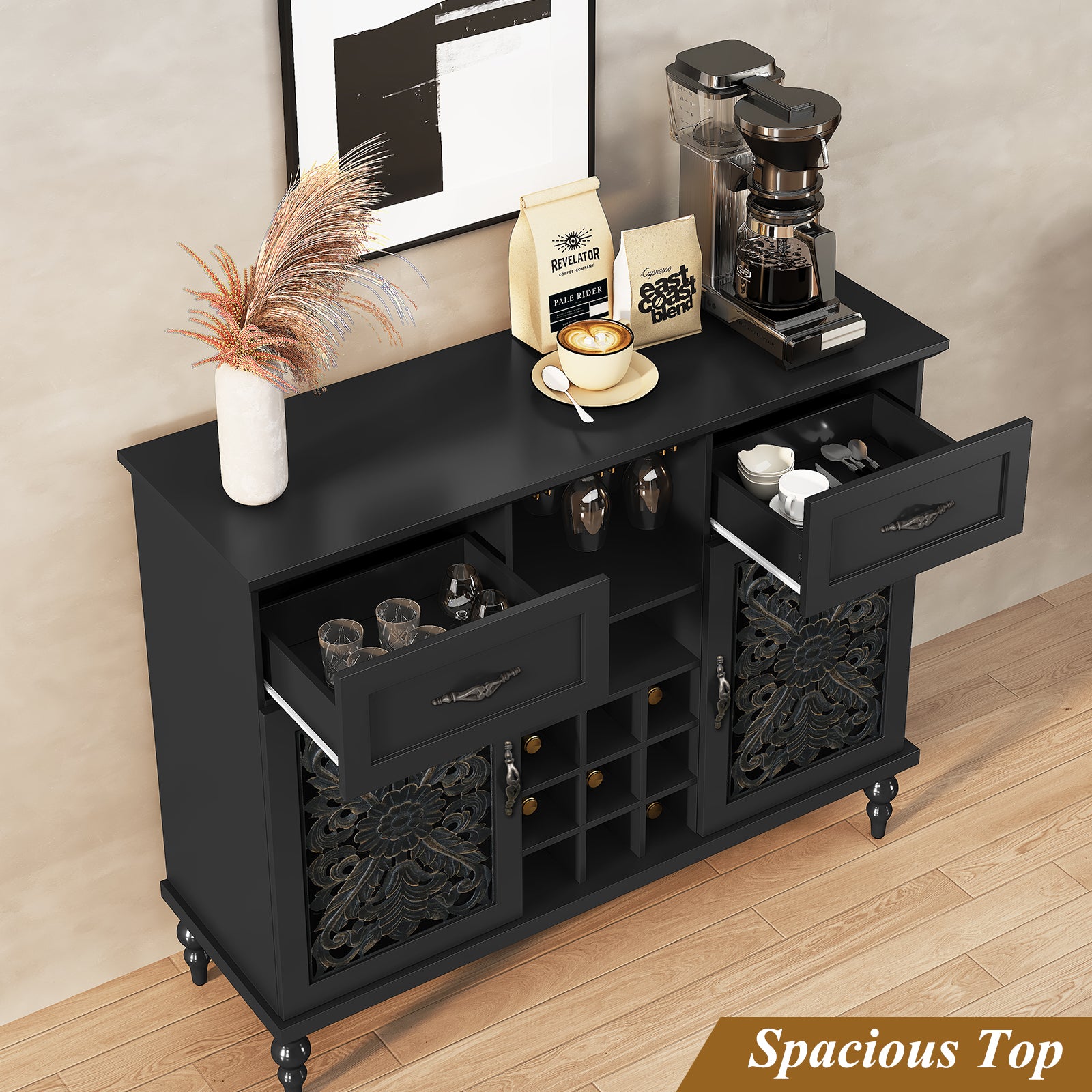 CBJCBJ 47" Wine Bar Cabinet with wine glass holder, Retro Coffee Bar Cabinet with Storage, for Dining Room